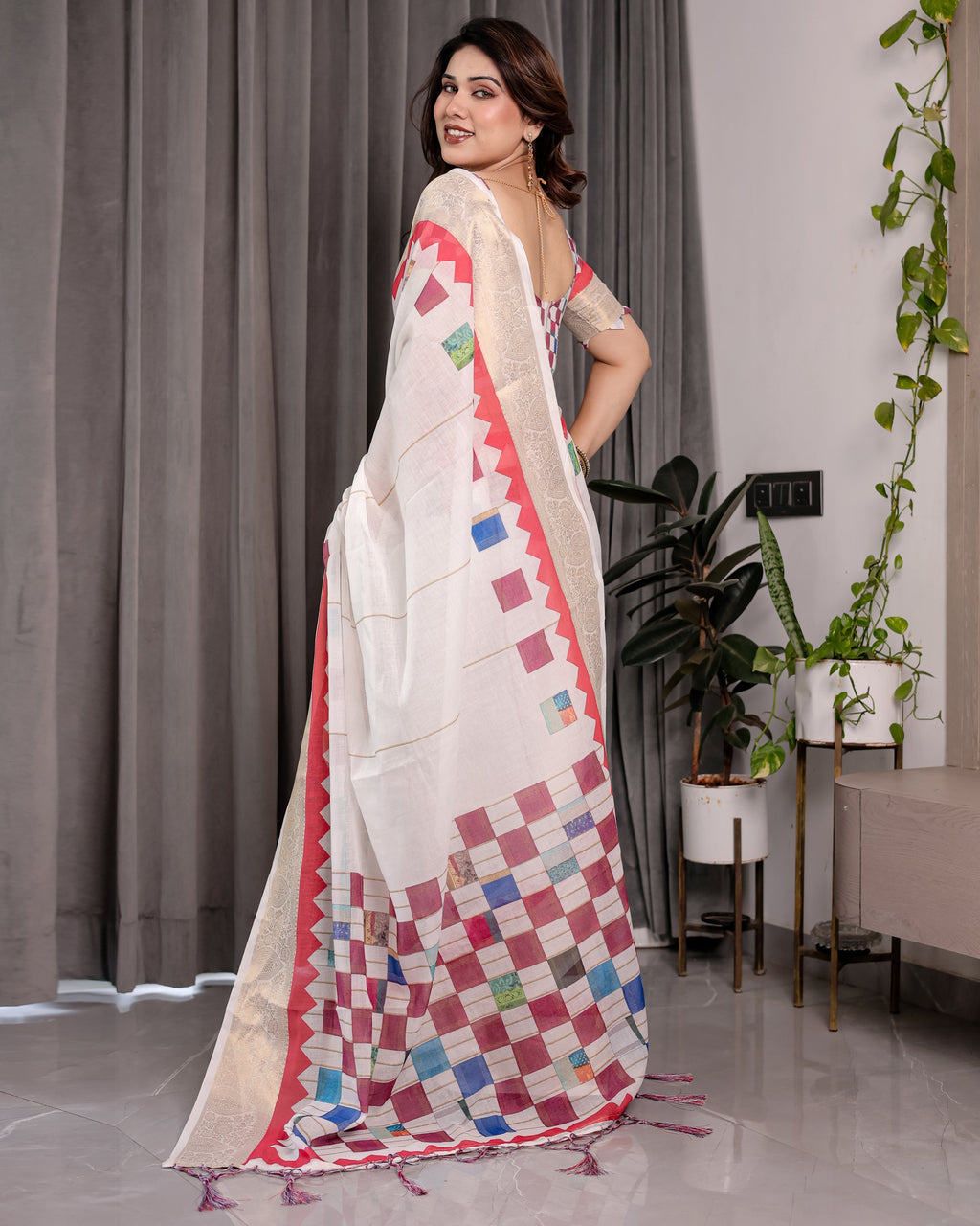 Off-White Handloom Linen Saree with Multicolor Checkered Pallu & Red-Gold Zari Border | Festive Tassel Finish | Attached Blouse | 5.5m Saree + 0.8m Blouse