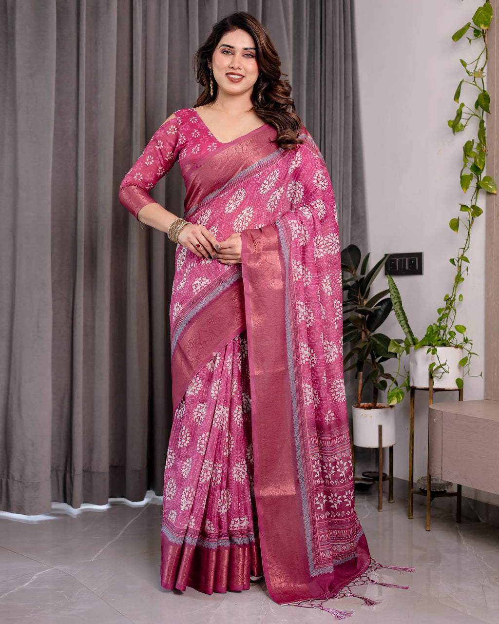 Rani Pink Pure Handloom Linen Saree with White Floral Print & Dual Zari Border | Elegant Tassel Finish | 5.5m Saree + 0.8m Blouse
