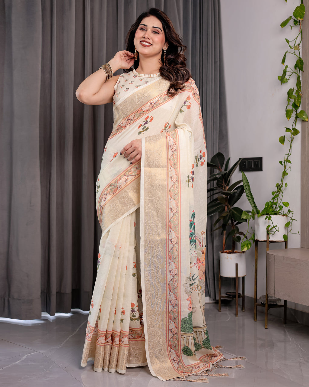 Ivory Cream Pure Handloom Linen Saree with Peach Floral Print & Zari Border | Artistic Garden Pallu & Tassels | 5.5m Saree + 0.8m Blouse