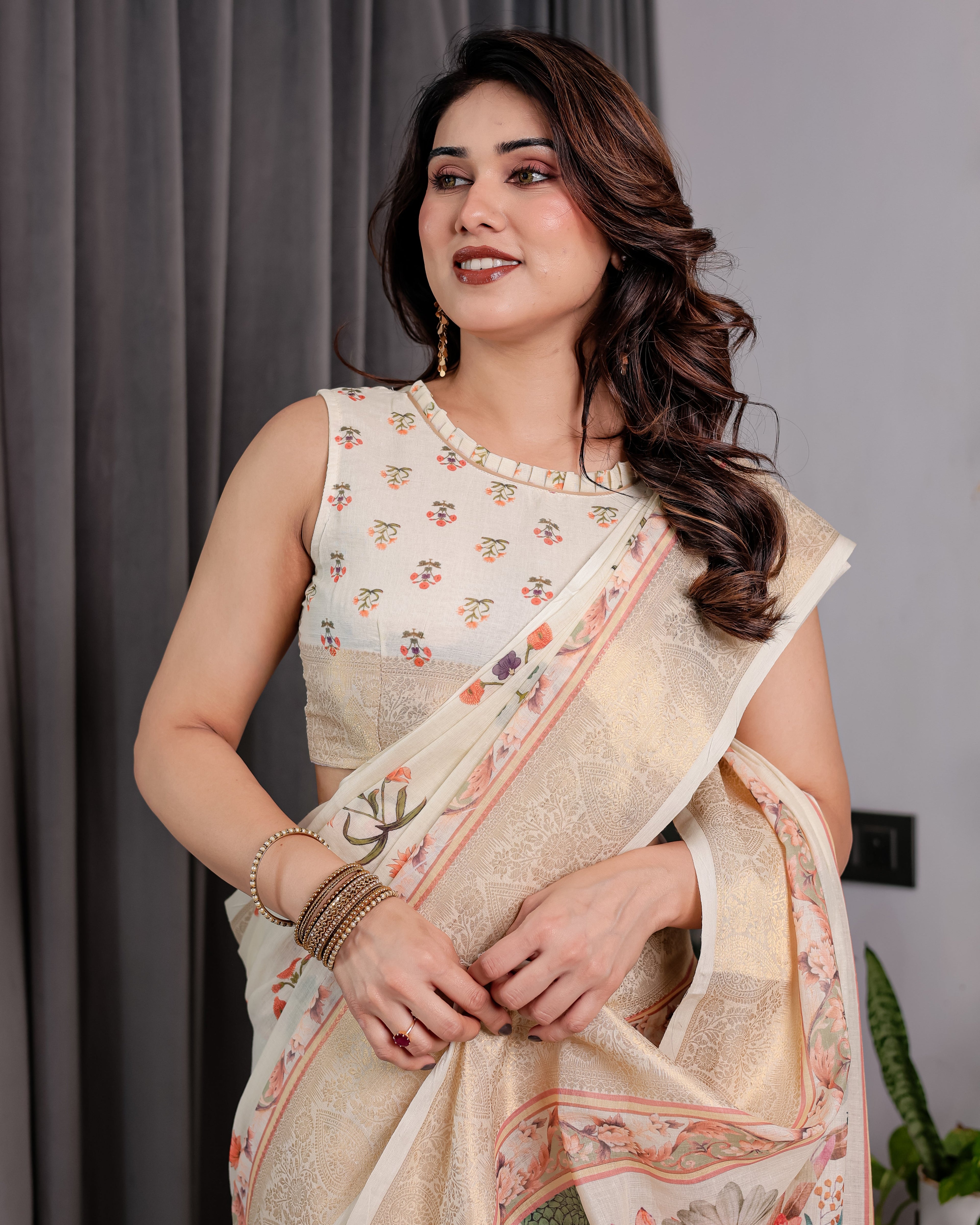 Ivory Cream Pure Handloom Linen Saree with Peach Floral Print & Zari Border | Artistic Garden Pallu & Tassels | 5.5m Saree + 0.8m Blouse