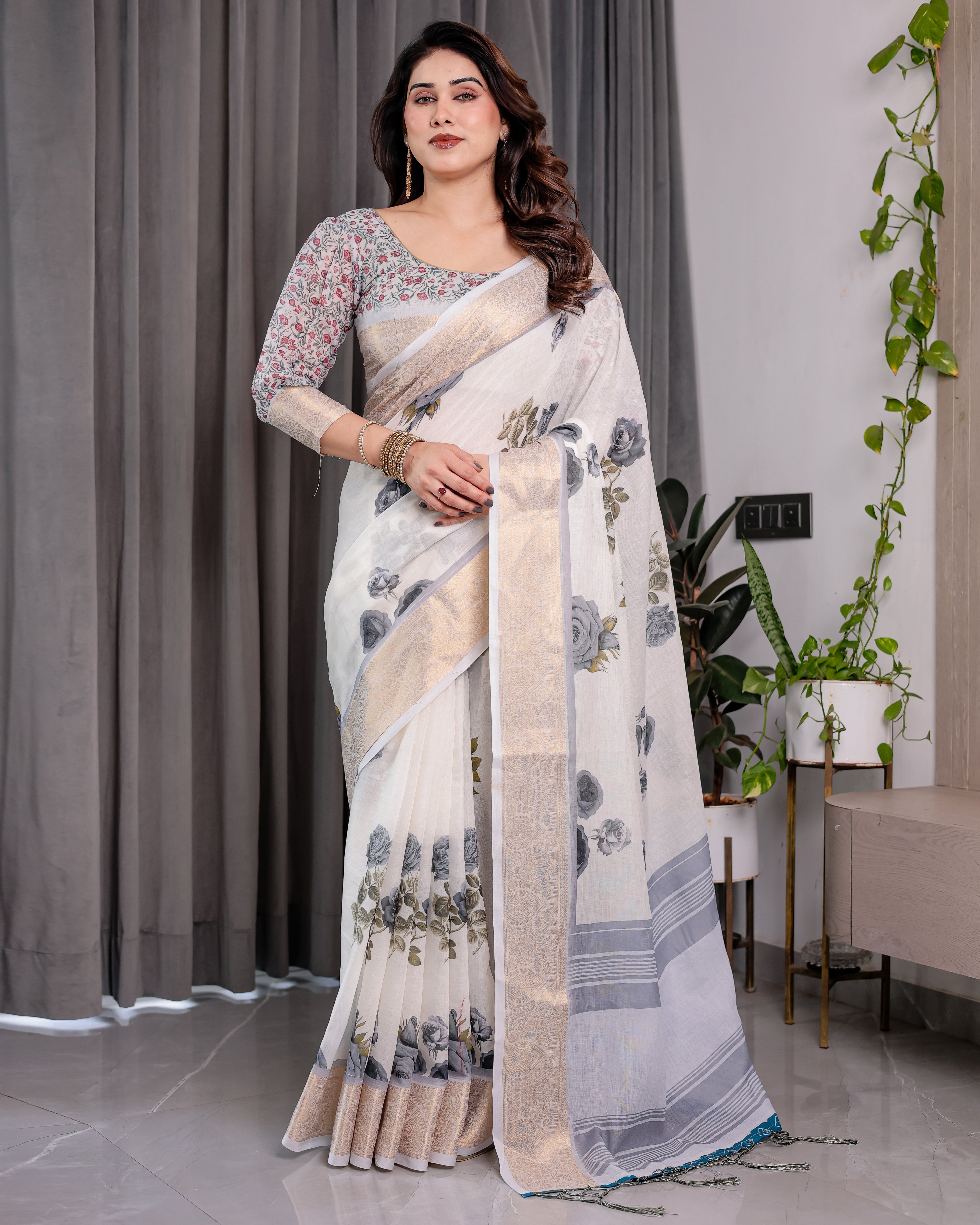White Handloom Linen Saree with Grey Rose Floral Print & Gold Zari Border | Striped Pallu & Tassel Detailing | Attached Blouse | 5.5m Saree + 0.8m Blouse