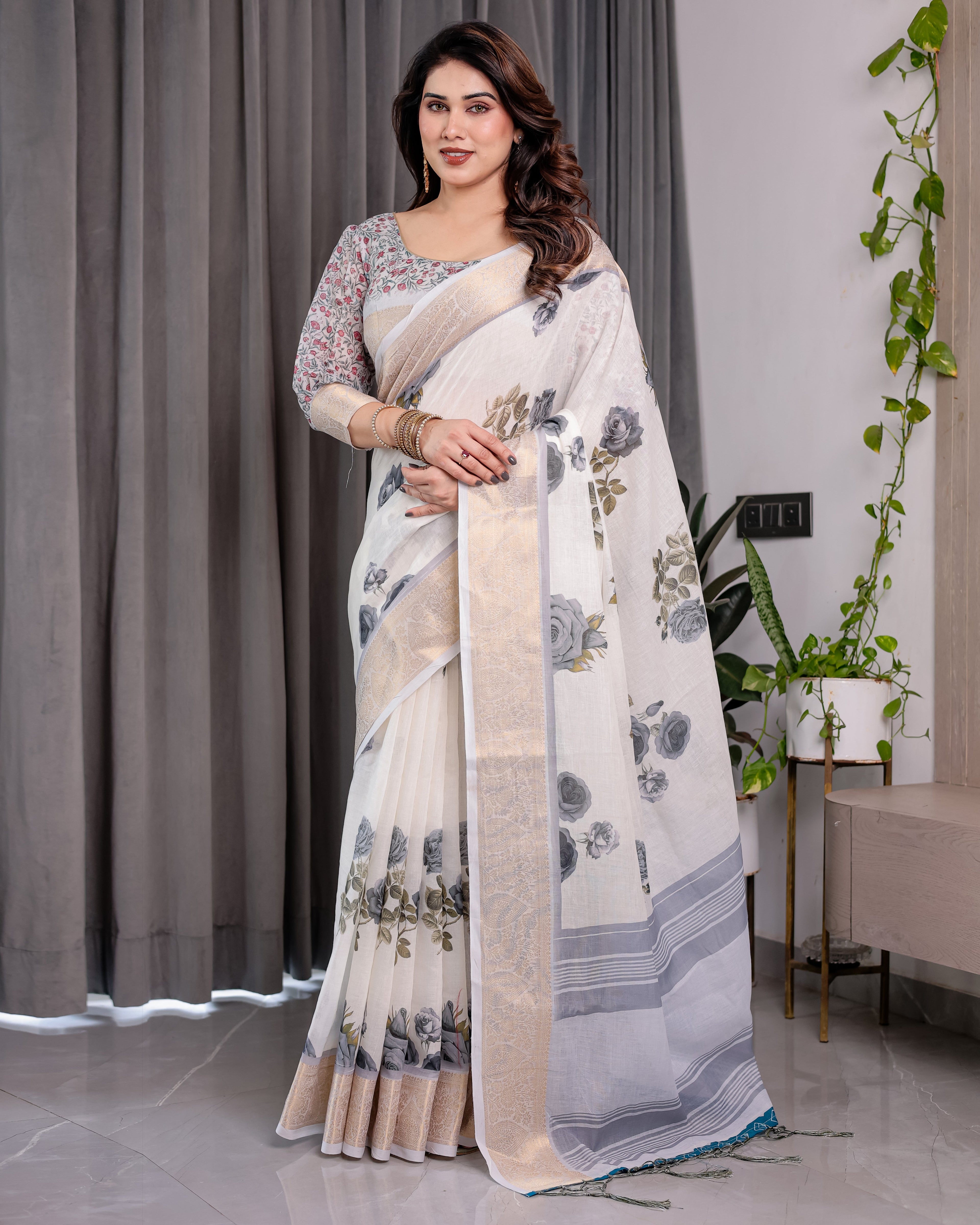 White Handloom Linen Saree with Grey Rose Floral Print & Gold Zari Border | Striped Pallu & Tassel Detailing | Attached Blouse | 5.5m Saree + 0.8m Blouse