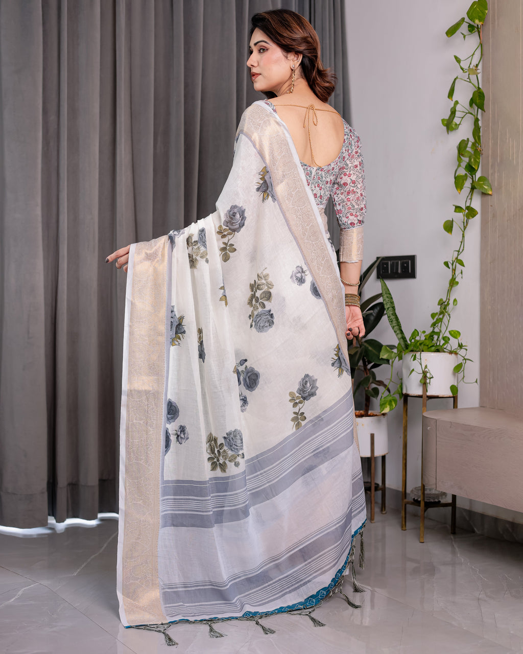 White Handloom Linen Saree with Grey Rose Floral Print & Gold Zari Border | Striped Pallu & Tassel Detailing | Attached Blouse | 5.5m Saree + 0.8m Blouse