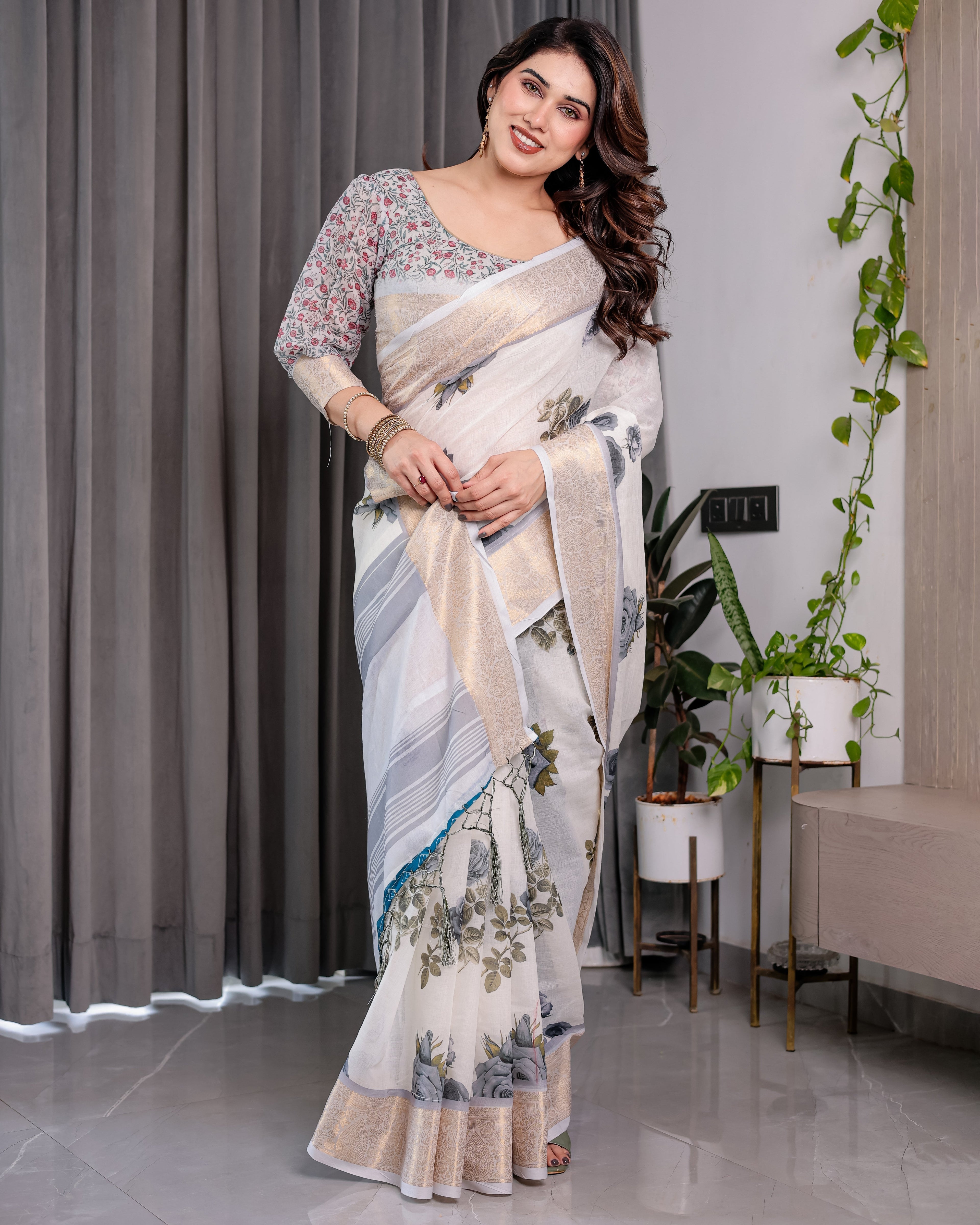 White Handloom Linen Saree with Grey Rose Floral Print & Gold Zari Border | Striped Pallu & Tassel Detailing | Attached Blouse | 5.5m Saree + 0.8m Blouse