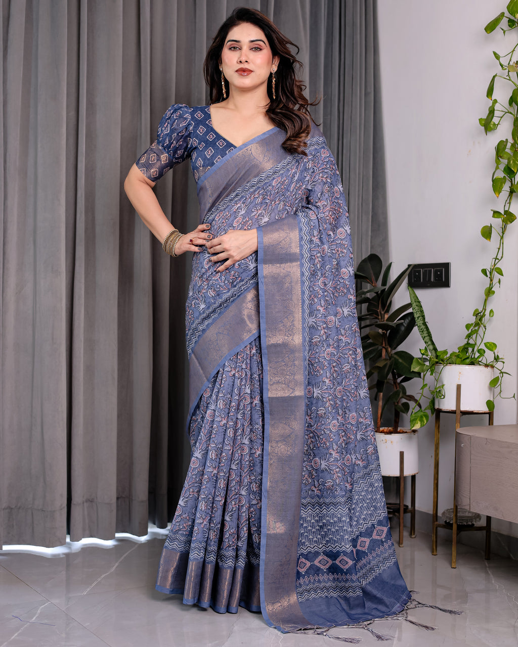Dusty Blue Pure Handloom Linen Saree with All-Over Floral Vine Print & Zari Border | Geometric Pallu & Tassels | 5.5m Saree + 0.8m Blouse