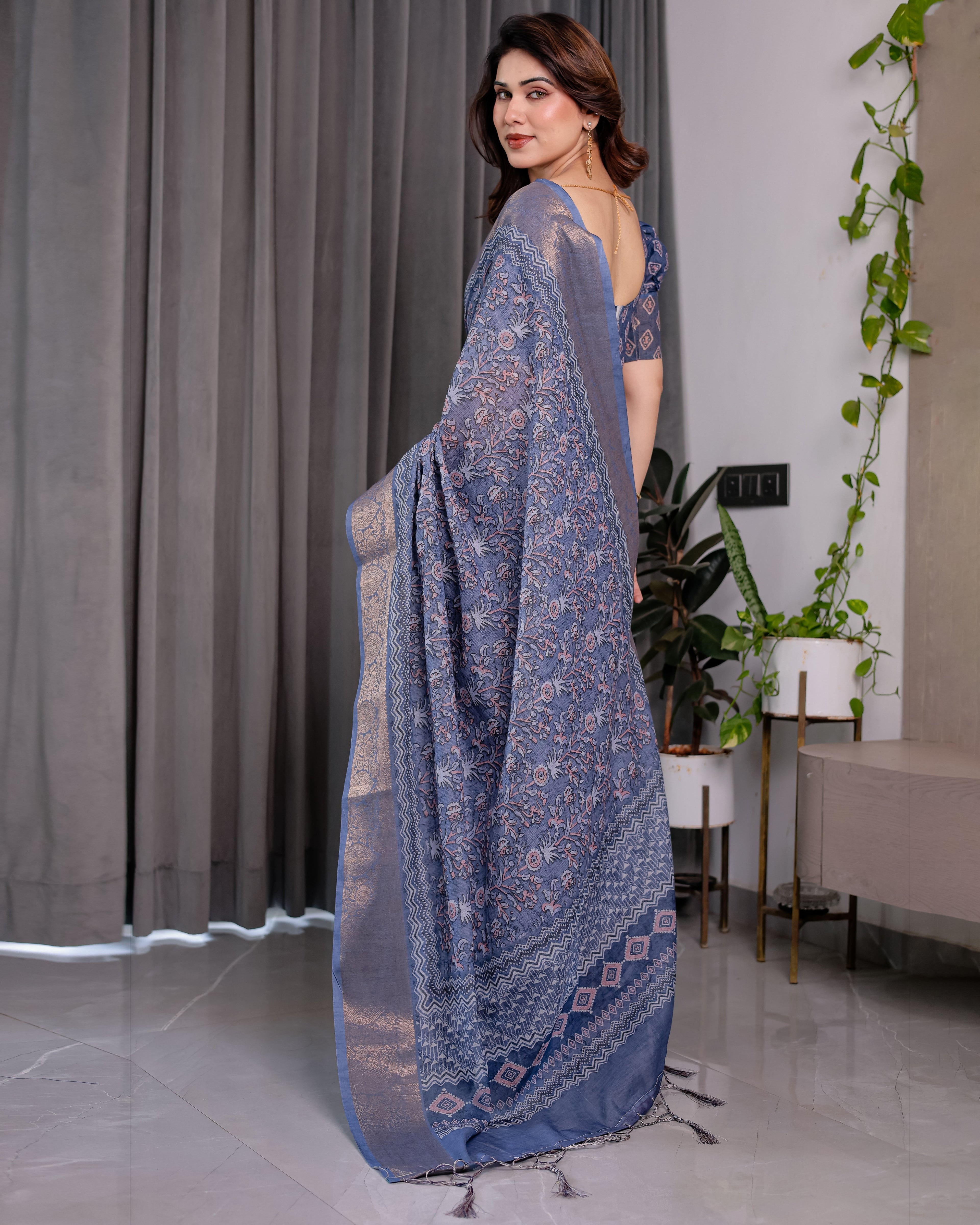 Dusty Blue Pure Handloom Linen Saree with All-Over Floral Vine Print & Zari Border | Geometric Pallu & Tassels | 5.5m Saree + 0.8m Blouse