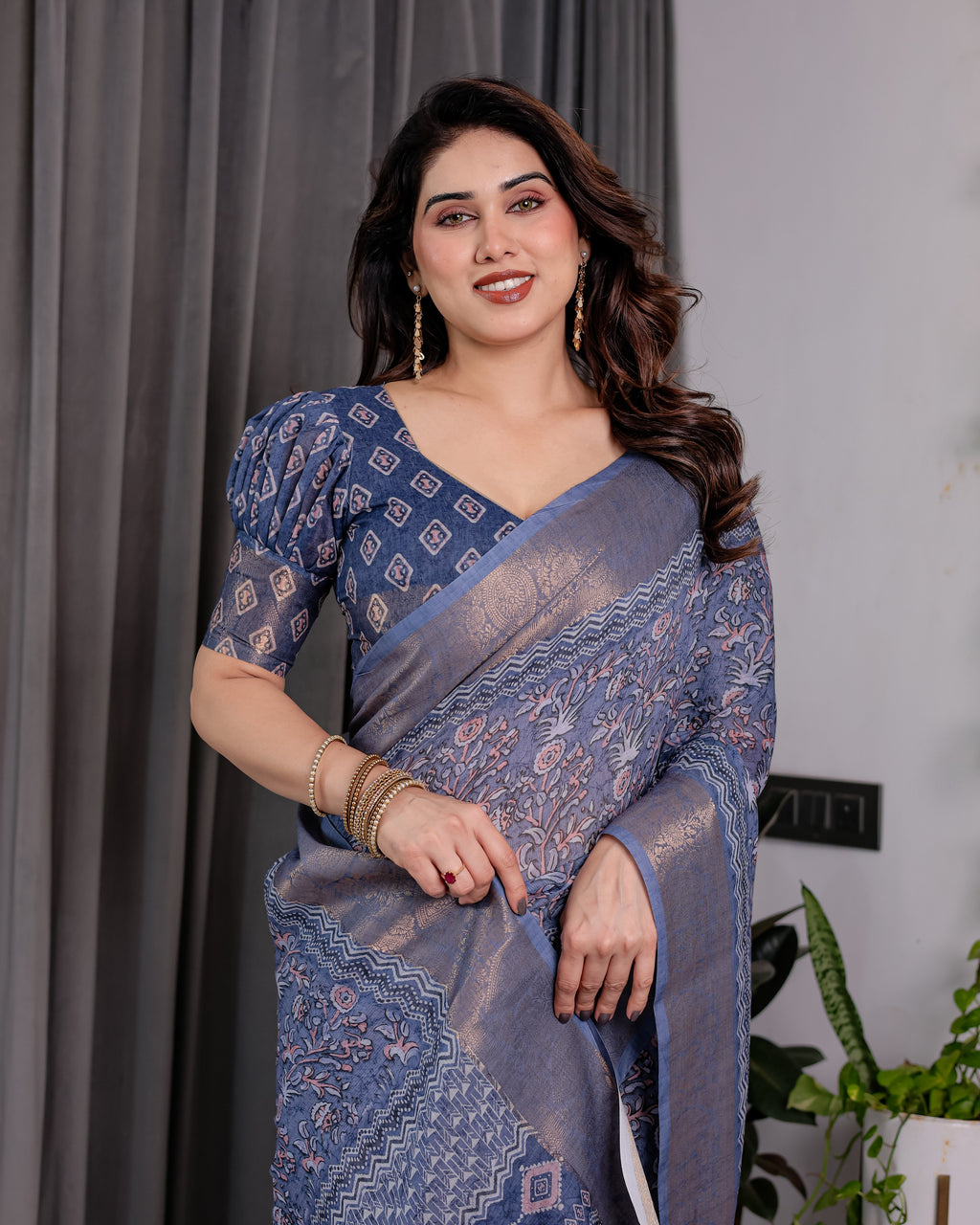 Dusty Blue Pure Handloom Linen Saree with All-Over Floral Vine Print & Zari Border | Geometric Pallu & Tassels | 5.5m Saree + 0.8m Blouse