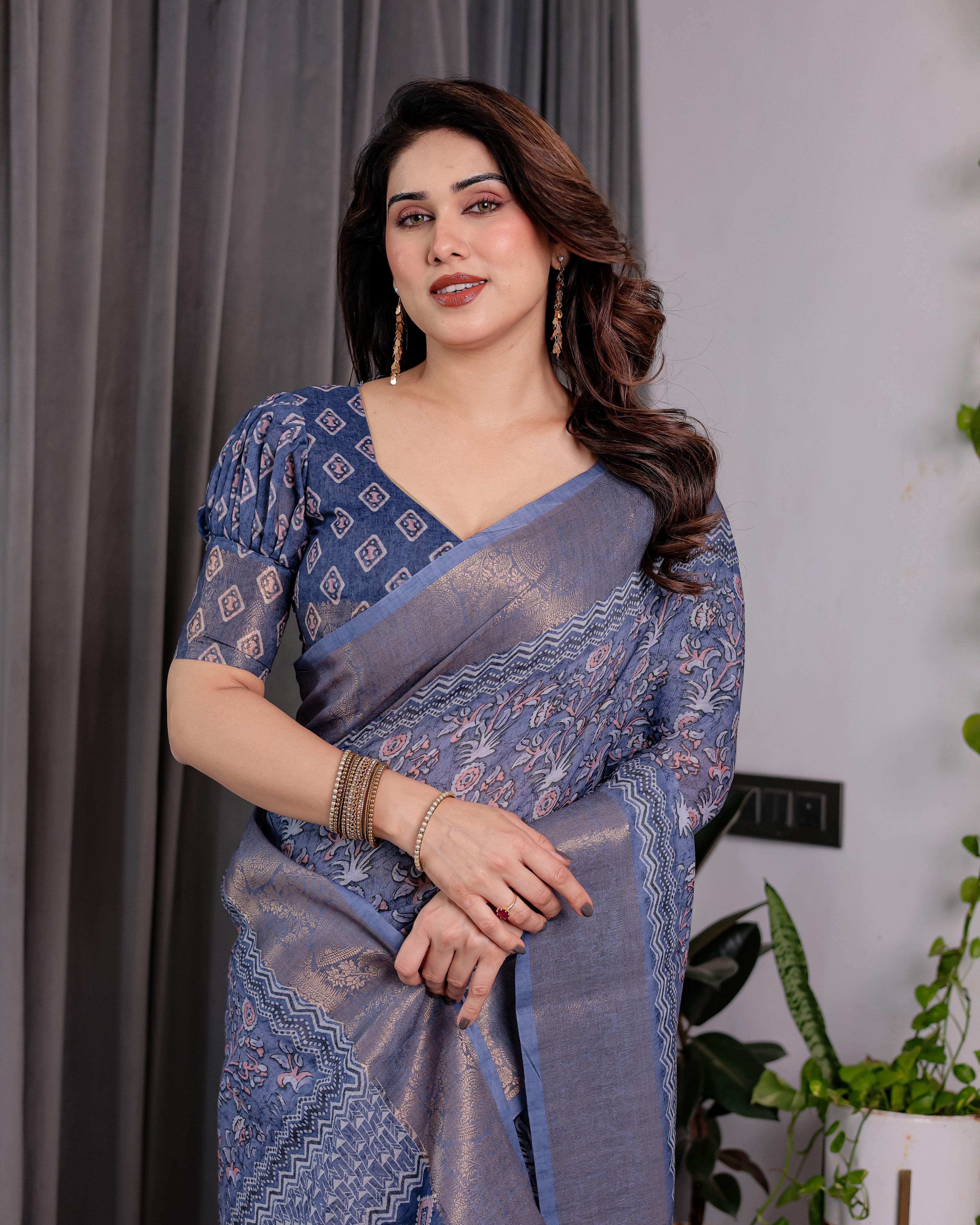 Dusty Blue Pure Handloom Linen Saree with All-Over Floral Vine Print & Zari Border | Geometric Pallu & Tassels | 5.5m Saree + 0.8m Blouse