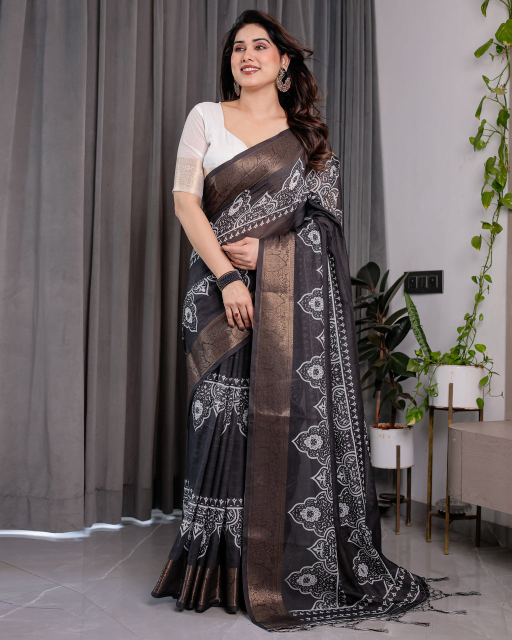 Black Handloom Linen Saree with White Floral Mandala Print, Zari Border & Tassel Pallu | 5.5m Saree + 0.8m Blouse