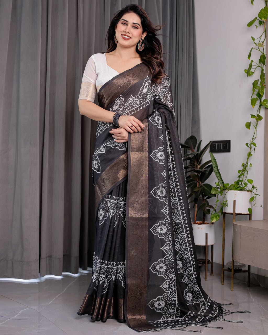 Black Handloom Linen Saree with White Floral Mandala Print, Zari Border & Tassel Pallu | 5.5m Saree + 0.8m Blouse