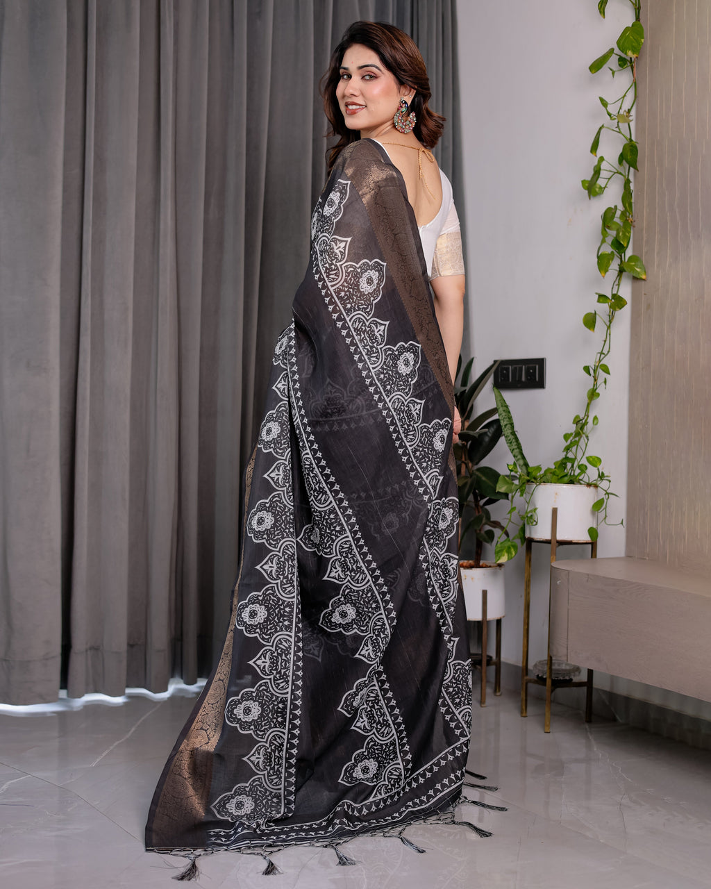 Black Handloom Linen Saree with White Floral Mandala Print, Zari Border & Tassel Pallu | 5.5m Saree + 0.8m Blouse