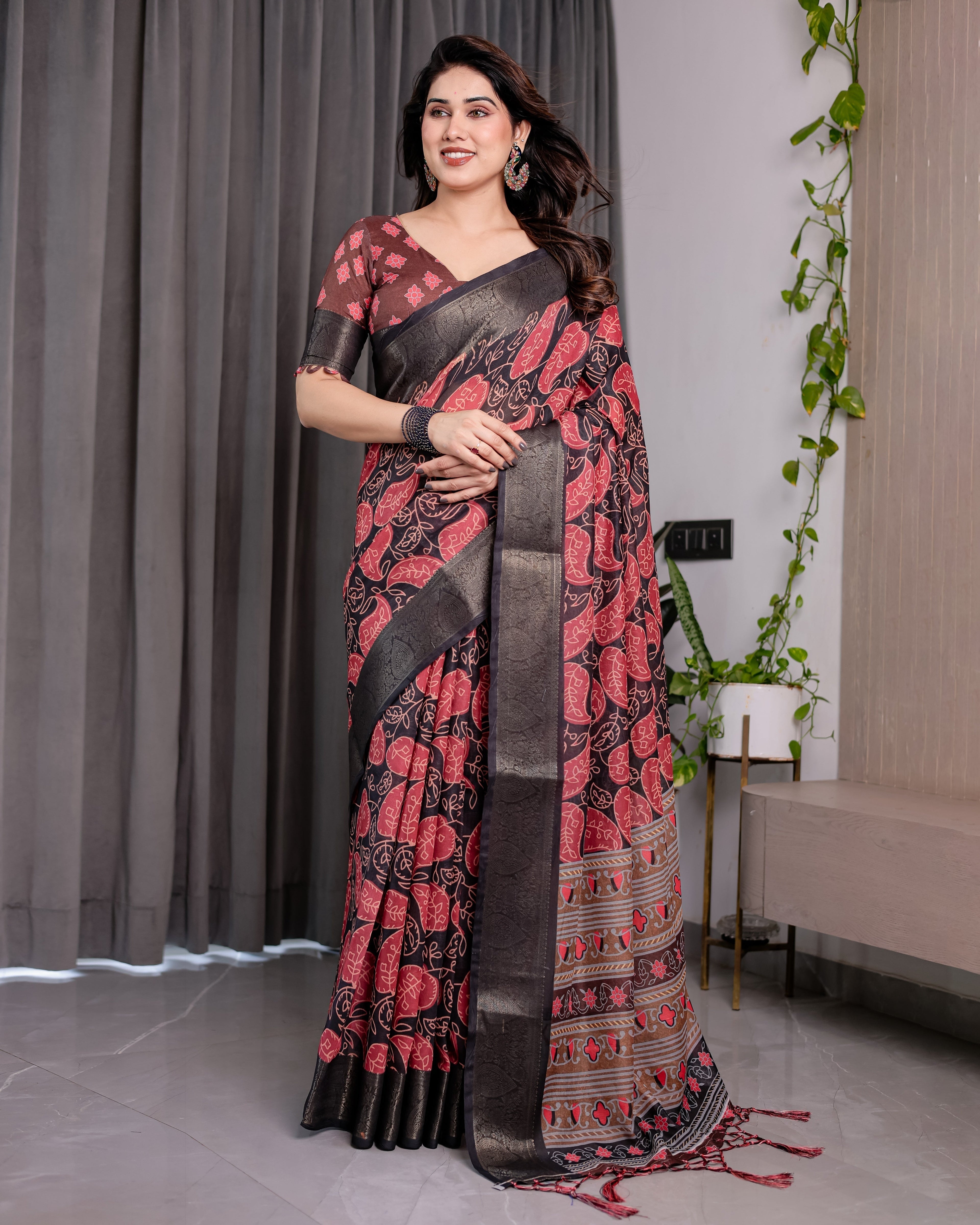 Black & Rust Red Handloom Linen Saree with Heart Floral Print & Striped Ethnic Pallu | Antique Zari Border & Tassel Detailing | Attached Blouse | 5.5m Saree + 0.8m Blouse