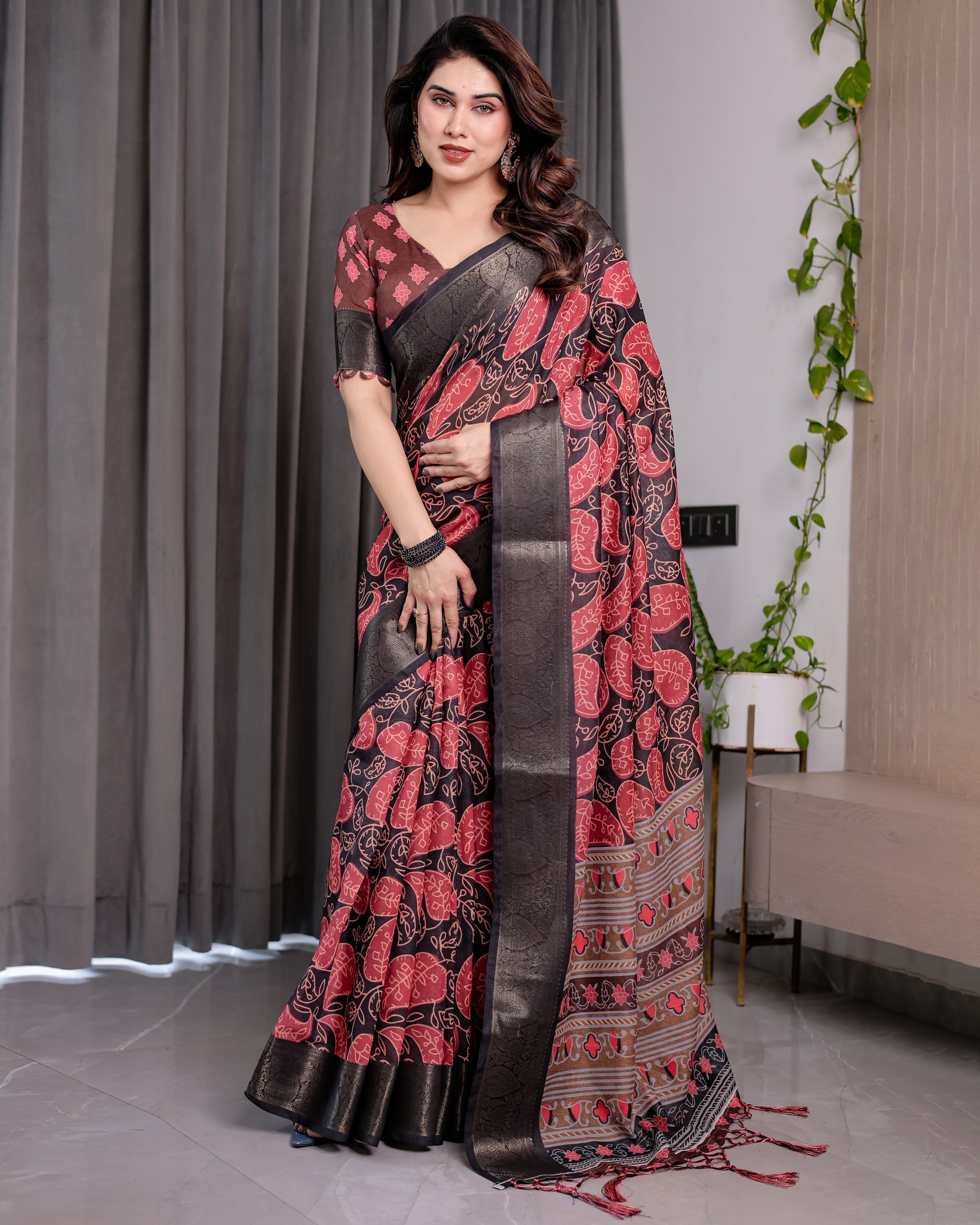 Black & Rust Red Handloom Linen Saree with Heart Floral Print & Striped Ethnic Pallu | Antique Zari Border & Tassel Detailing | Attached Blouse | 5.5m Saree + 0.8m Blouse