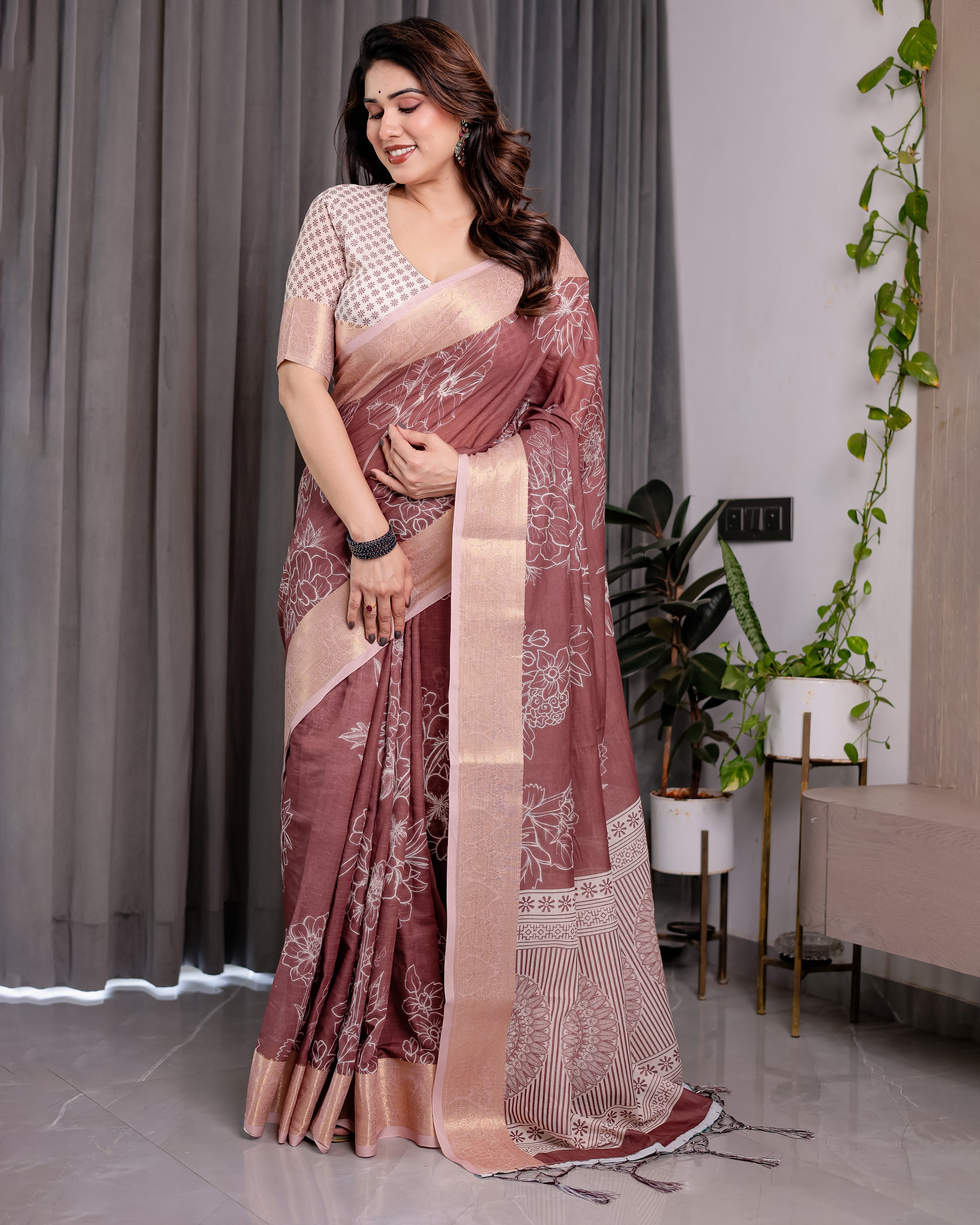 Maroon Handloom Linen Saree with White Floral Prints & Circular Mandala Pallu | Zari Border | 5.5m Saree + 0.8m Blouse with Tassels