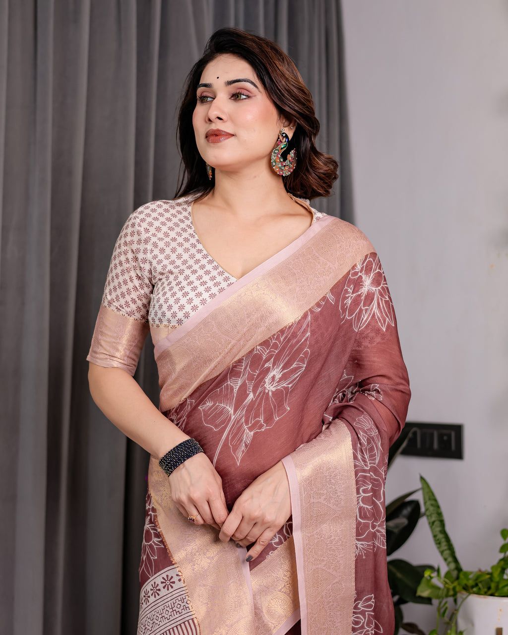 Maroon Handloom Linen Saree with White Floral Prints & Circular Mandala Pallu | Zari Border | 5.5m Saree + 0.8m Blouse with Tassels