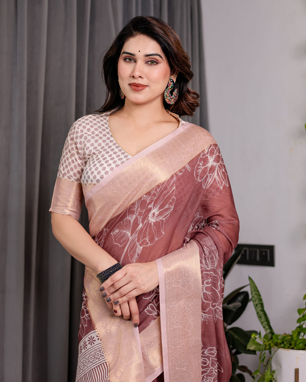Maroon Handloom Linen Saree with White Floral Prints & Circular Mandala Pallu | Zari Border | 5.5m Saree + 0.8m Blouse with Tassels