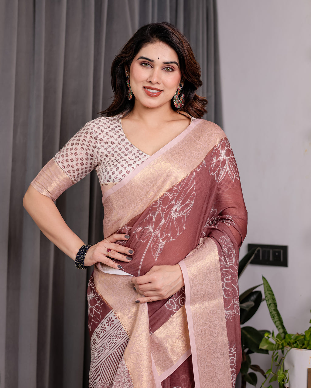Maroon Handloom Linen Saree with White Floral Prints & Circular Mandala Pallu | Zari Border | 5.5m Saree + 0.8m Blouse with Tassels