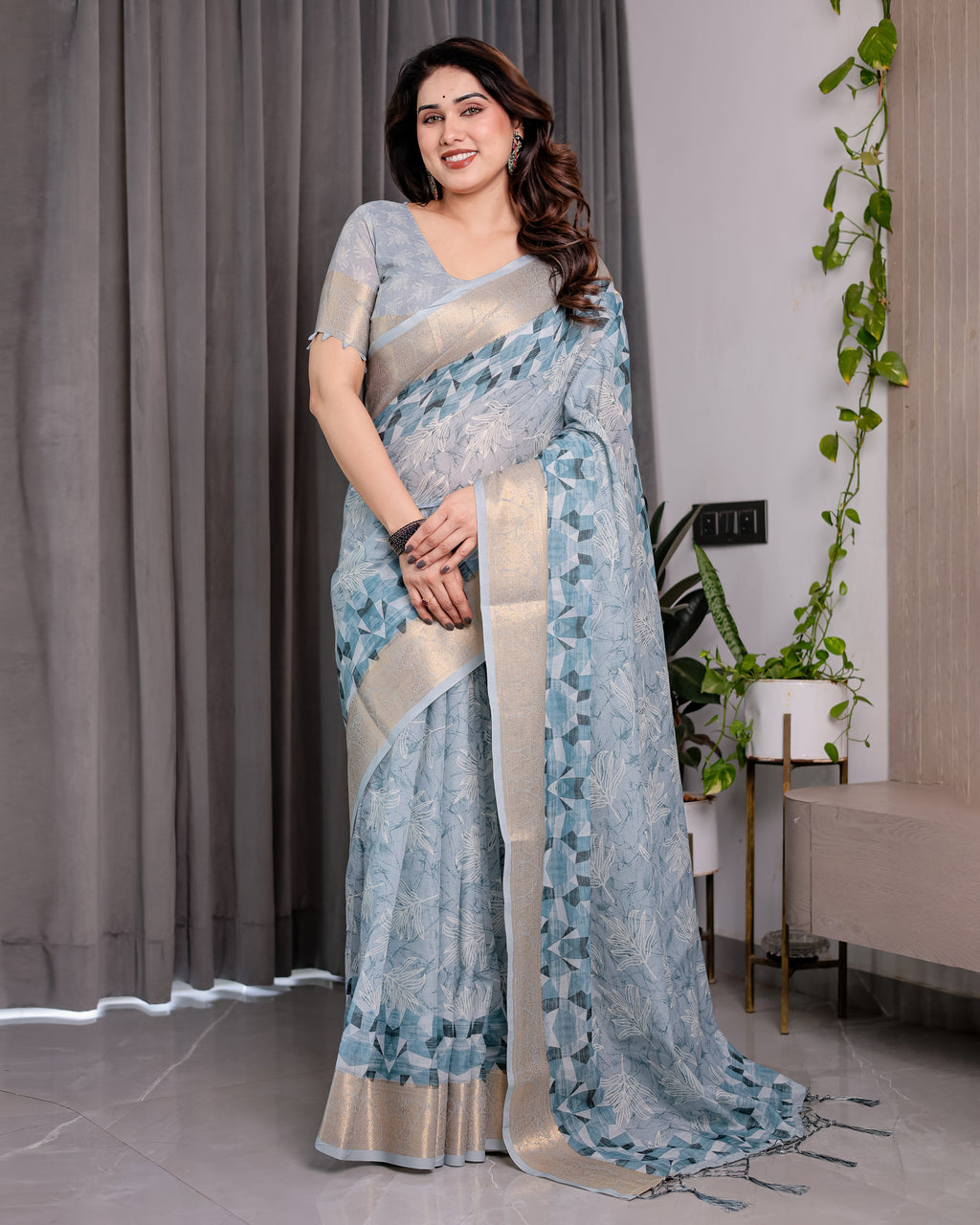 Sky Blue Handloom Linen Saree with Feather Leaf Print, Geometric Pallu & Zari Border | 5.5m Saree + 0.8m Blouse Piece