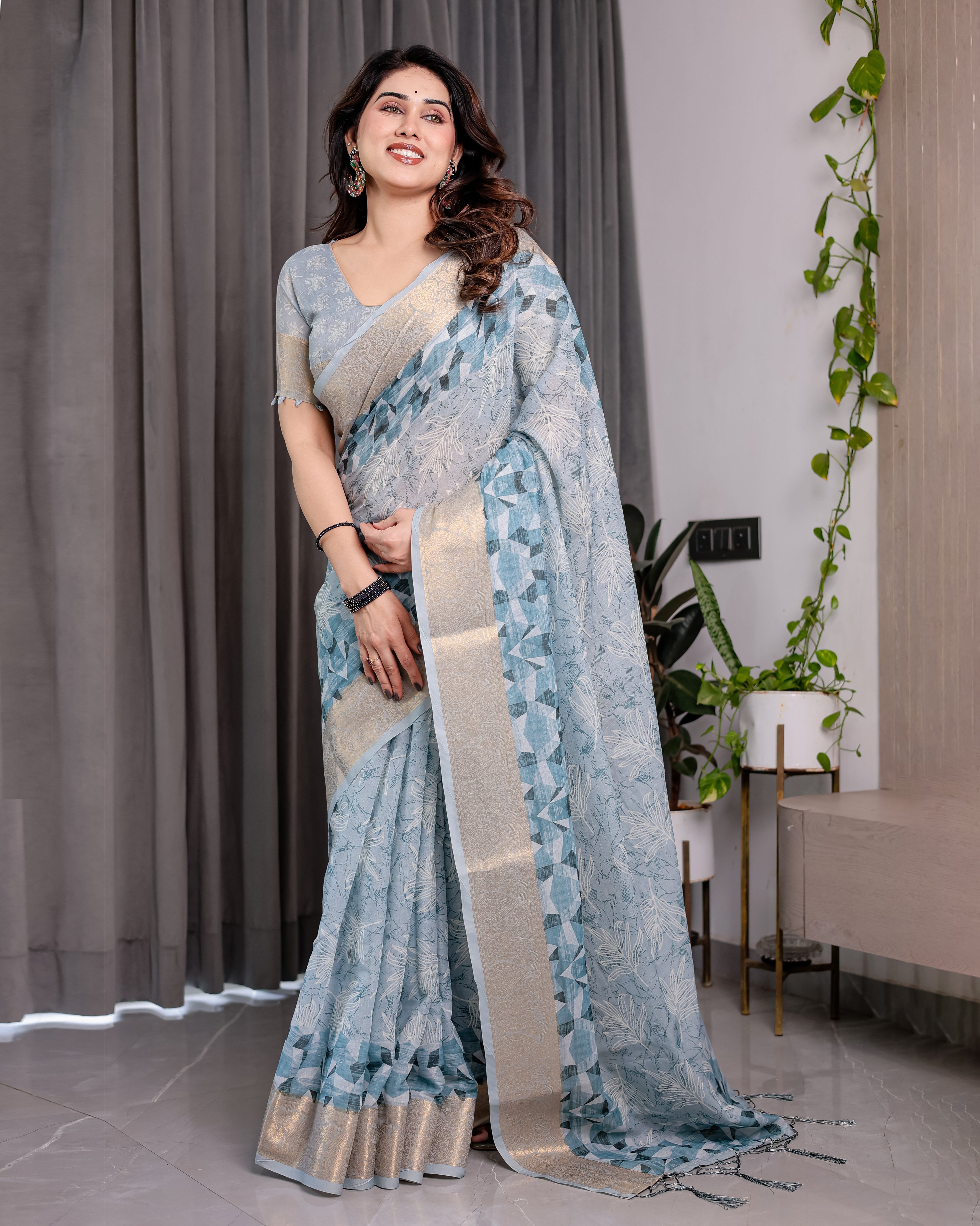 Sky Blue Handloom Linen Saree with Feather Leaf Print, Geometric Pallu & Zari Border | 5.5m Saree + 0.8m Blouse Piece