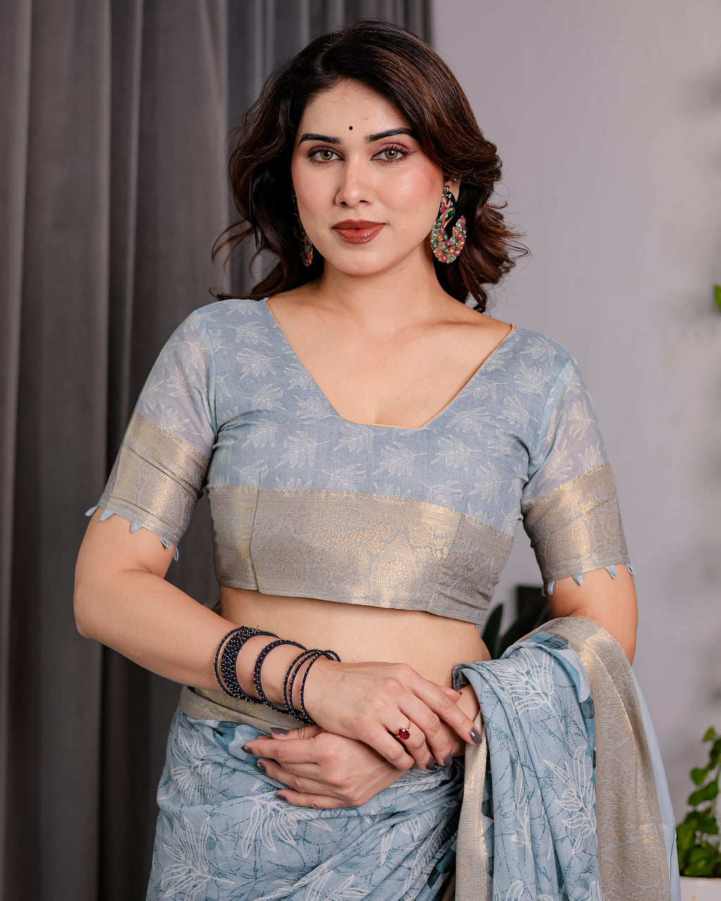 Sky Blue Handloom Linen Saree with Feather Leaf Print, Geometric Pallu & Zari Border | 5.5m Saree + 0.8m Blouse Piece
