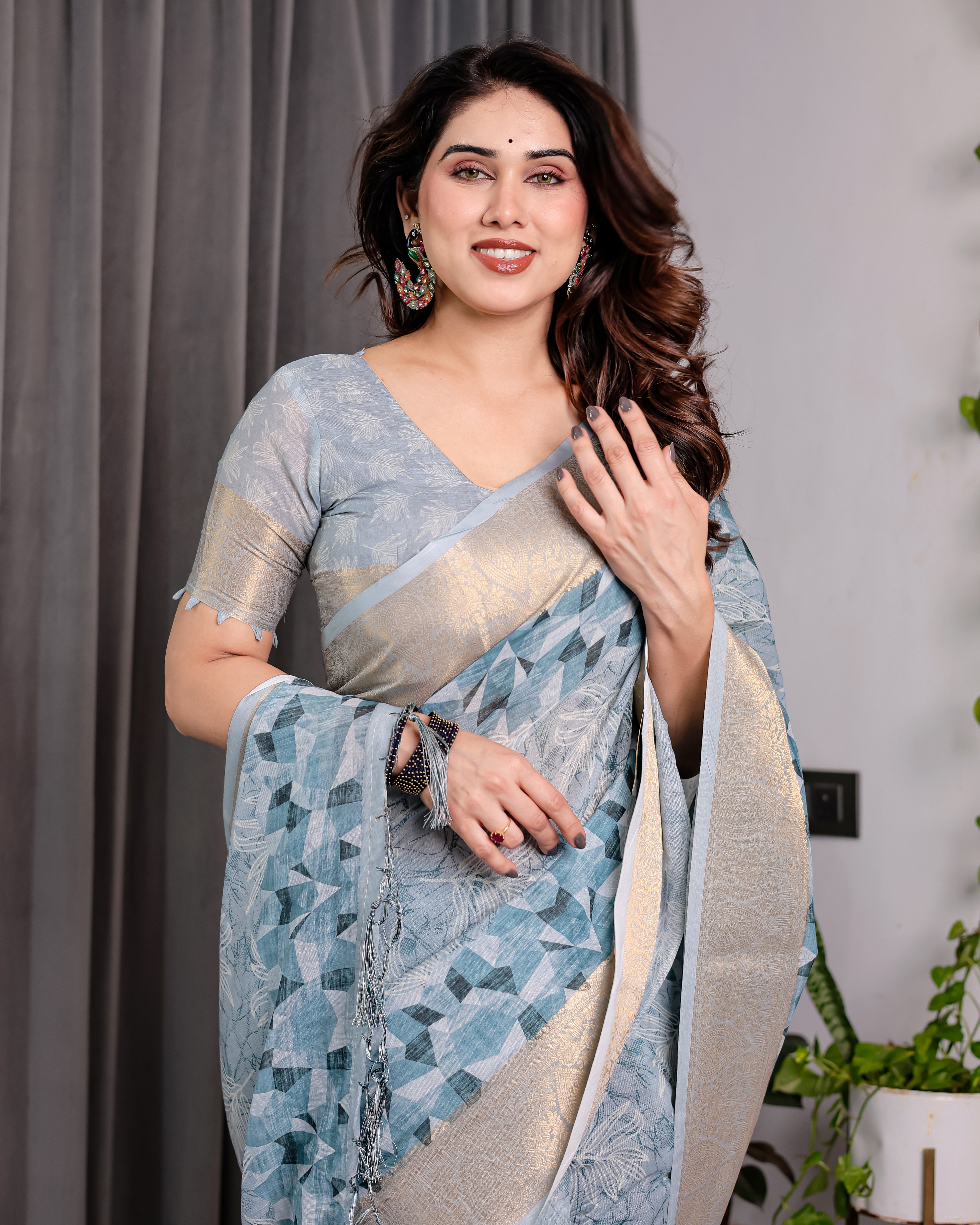 Sky Blue Handloom Linen Saree with Feather Leaf Print, Geometric Pallu & Zari Border | 5.5m Saree + 0.8m Blouse Piece