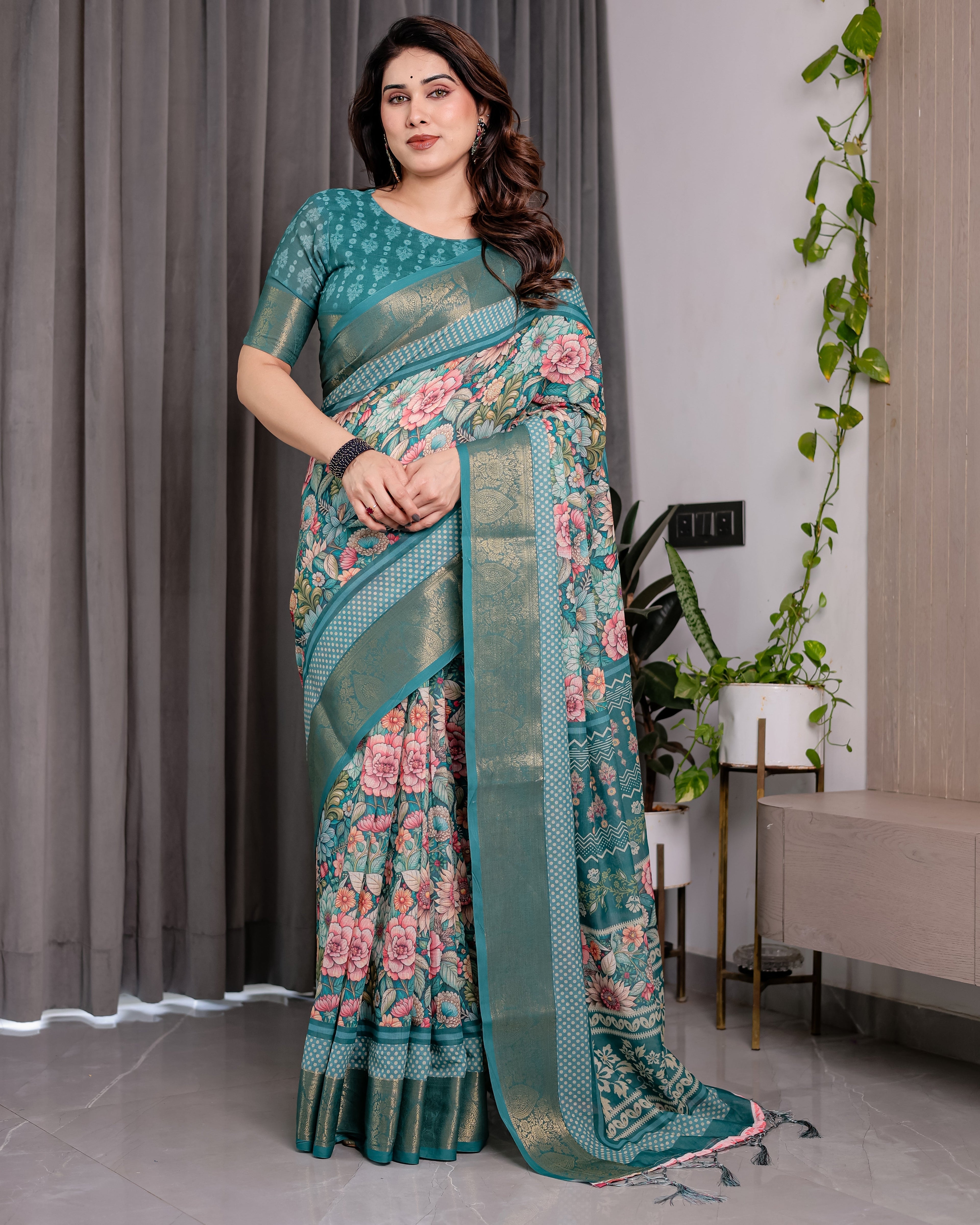 Teal Green Handloom Linen Saree with Multicolor Floral Printed Pallu & Zari Border | 5.5m Saree + 0.8m Blouse | Festive Tassel Finish