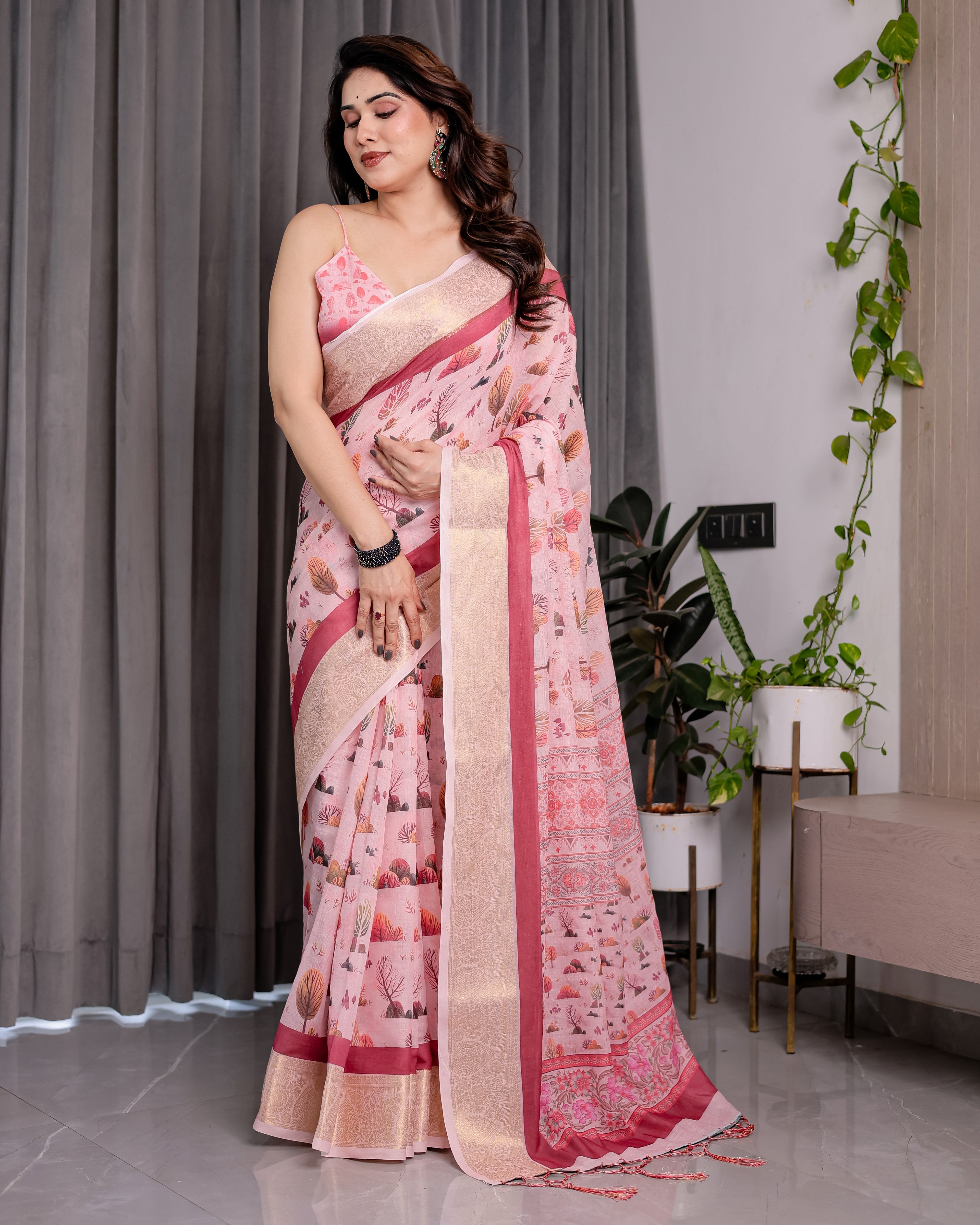 Blush Pink Handloom Linen Saree with Lotus Motif Printed Pallu & Zari Border | 5.5m Saree + 0.8m Blouse | Elegant Tassel Finish
