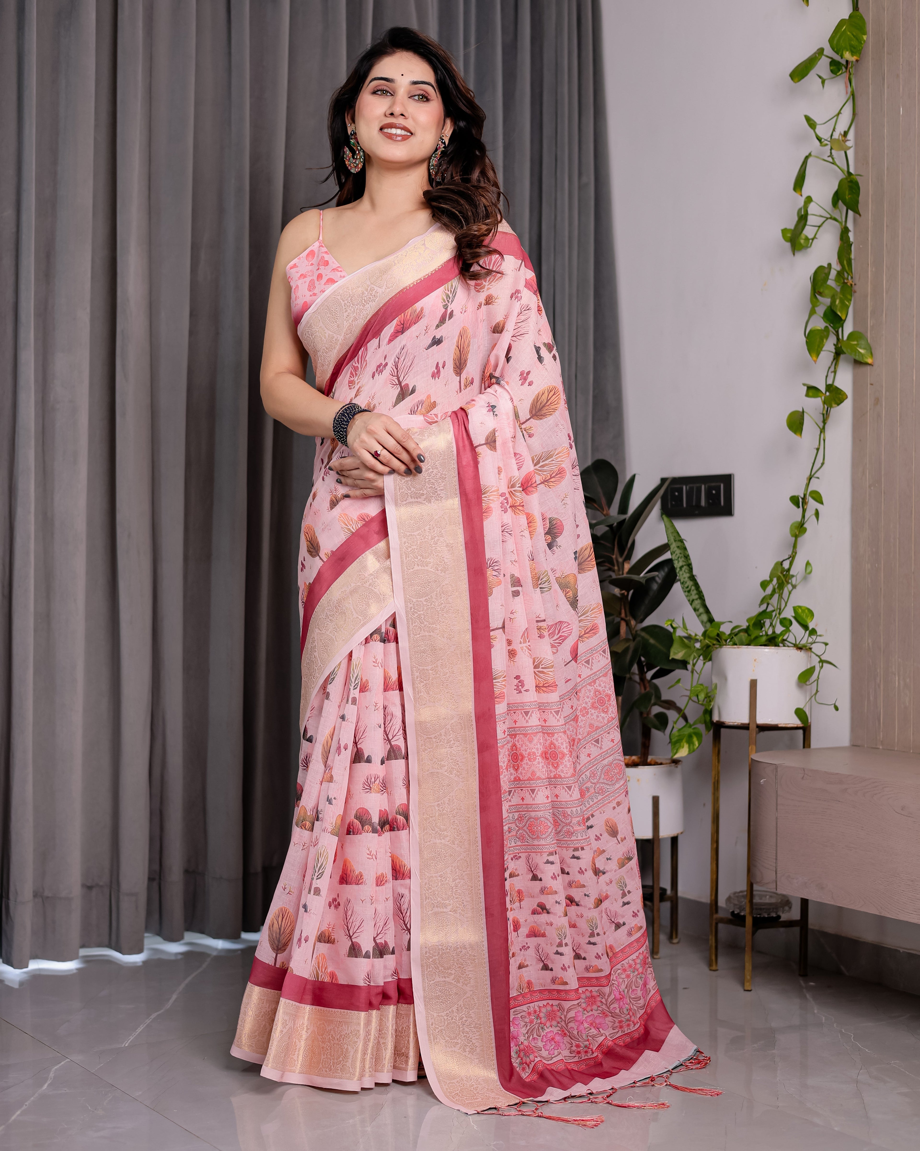 Blush Pink Handloom Linen Saree with Lotus Motif Printed Pallu & Zari Border | 5.5m Saree + 0.8m Blouse | Elegant Tassel Finish