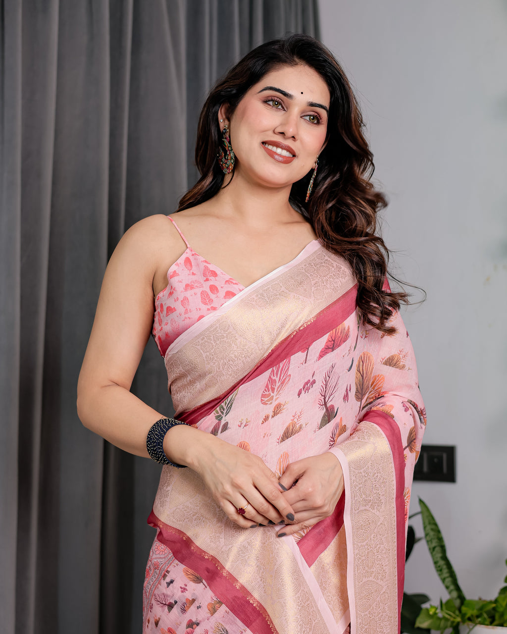 Blush Pink Handloom Linen Saree with Lotus Motif Printed Pallu & Zari Border | 5.5m Saree + 0.8m Blouse | Elegant Tassel Finish