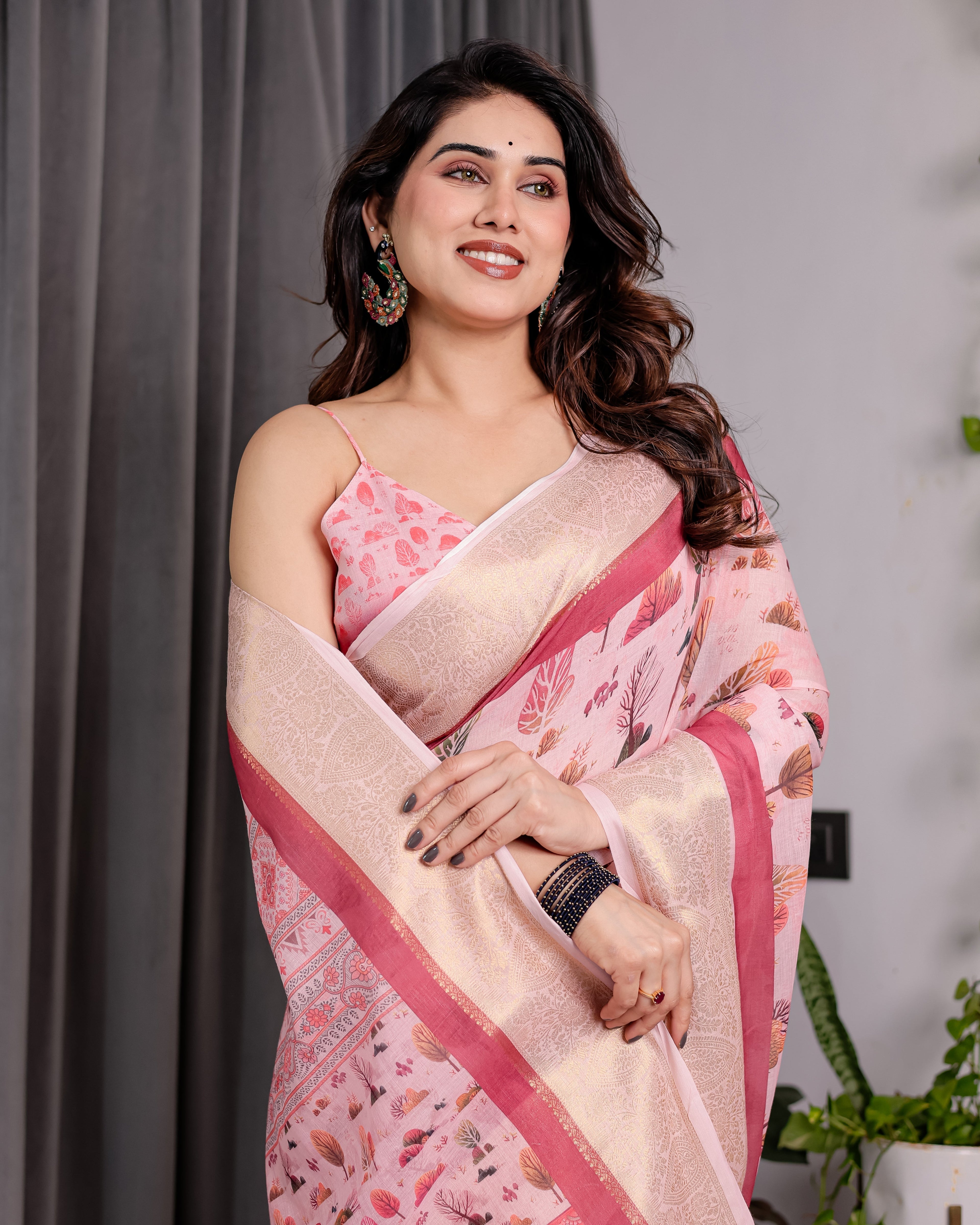 Blush Pink Handloom Linen Saree with Lotus Motif Printed Pallu & Zari Border | 5.5m Saree + 0.8m Blouse | Elegant Tassel Finish
