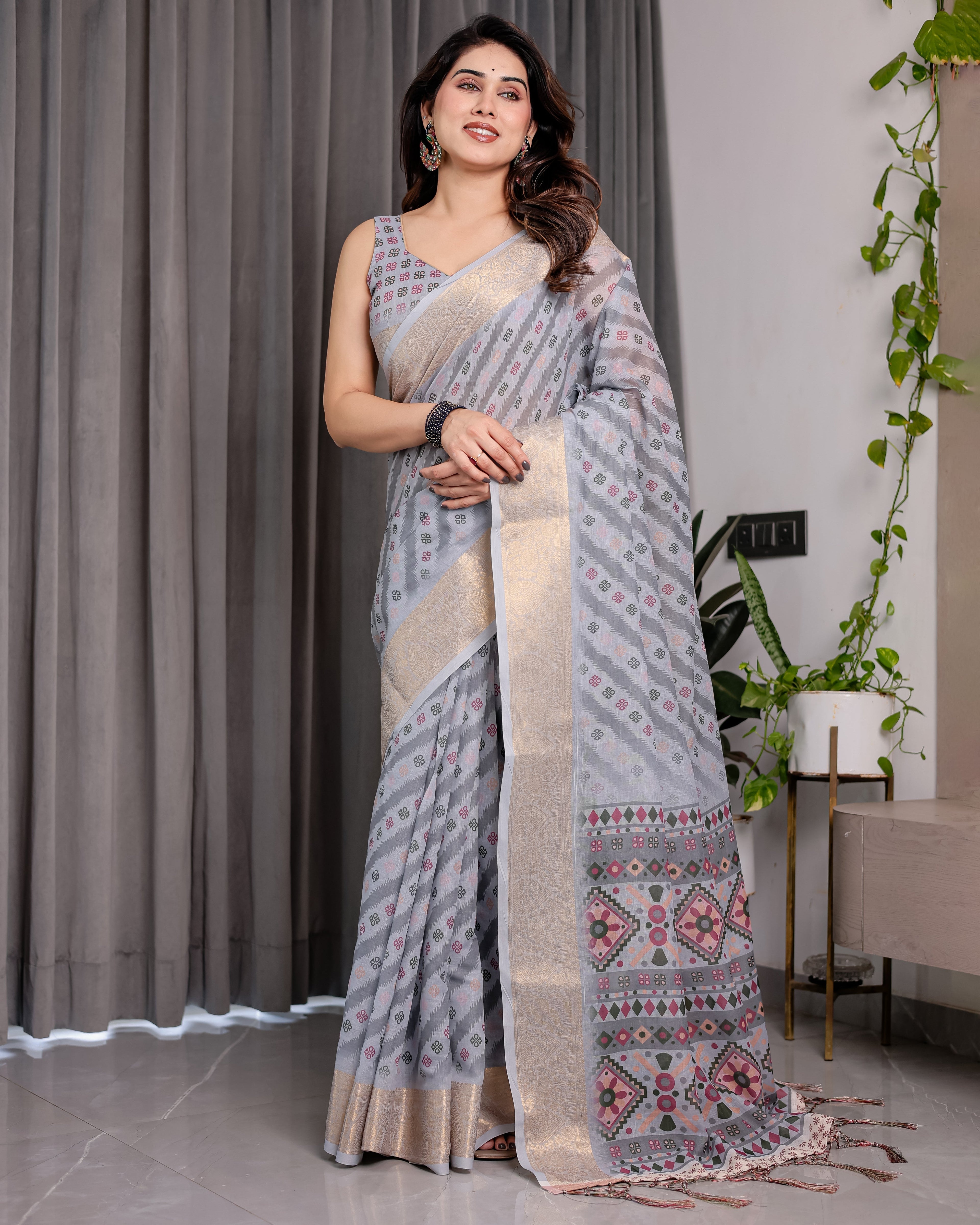 Pastel Grey Handloom Linen Saree with Multicolor Tribal Geometric Pallu & Zari Border | Tassels | 5.5m Saree + 0.8m Blouse