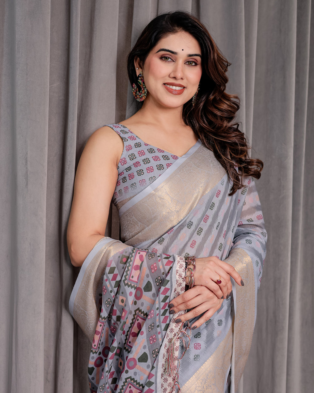 Pastel Grey Handloom Linen Saree with Multicolor Tribal Geometric Pallu & Zari Border | Tassels | 5.5m Saree + 0.8m Blouse
