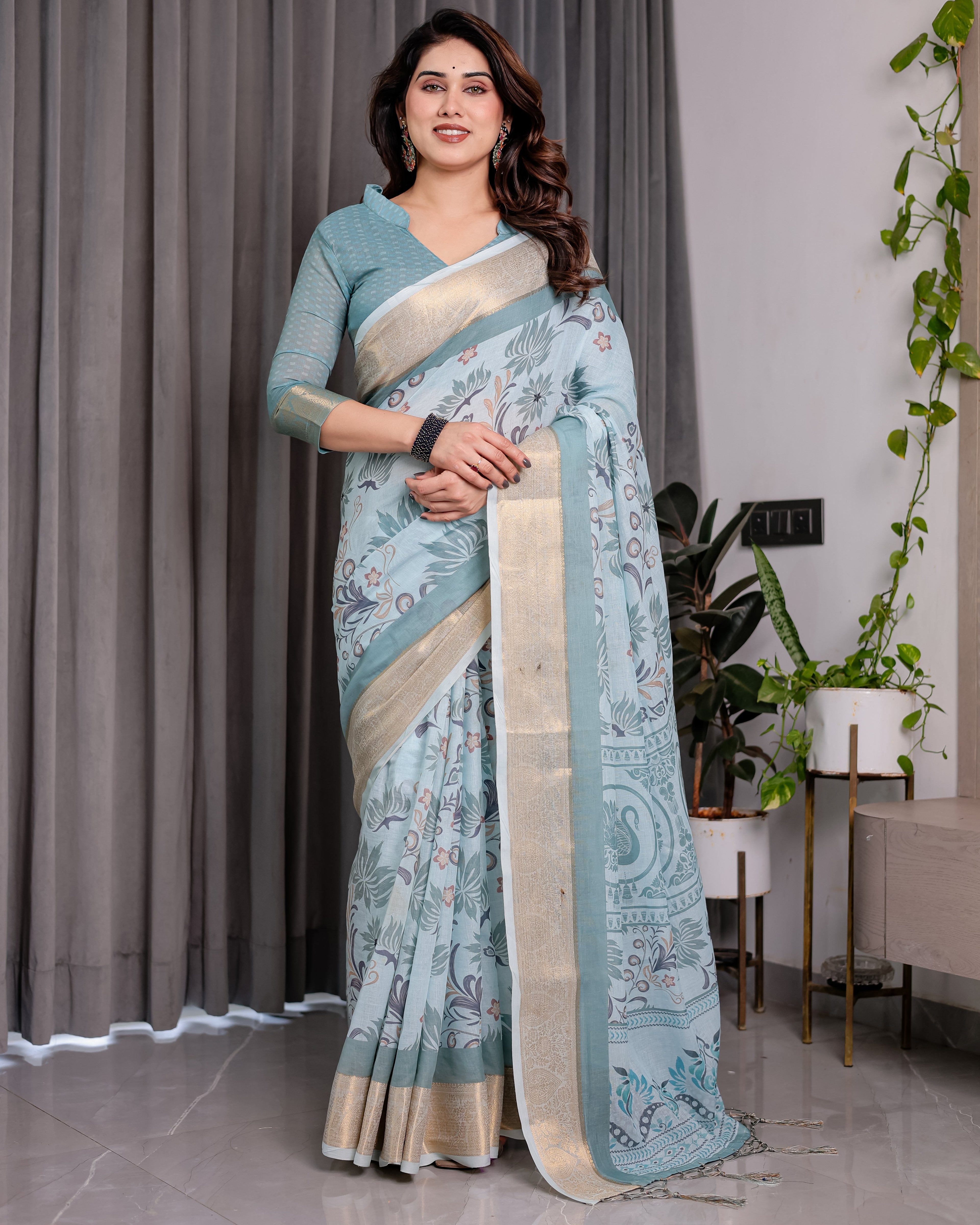 Pastel Aqua Blue Handloom Linen Saree with Peacock & Floral Digital Print, Zari Border & Tassel Pallu | 5.5m Saree + 0.8m Blouse