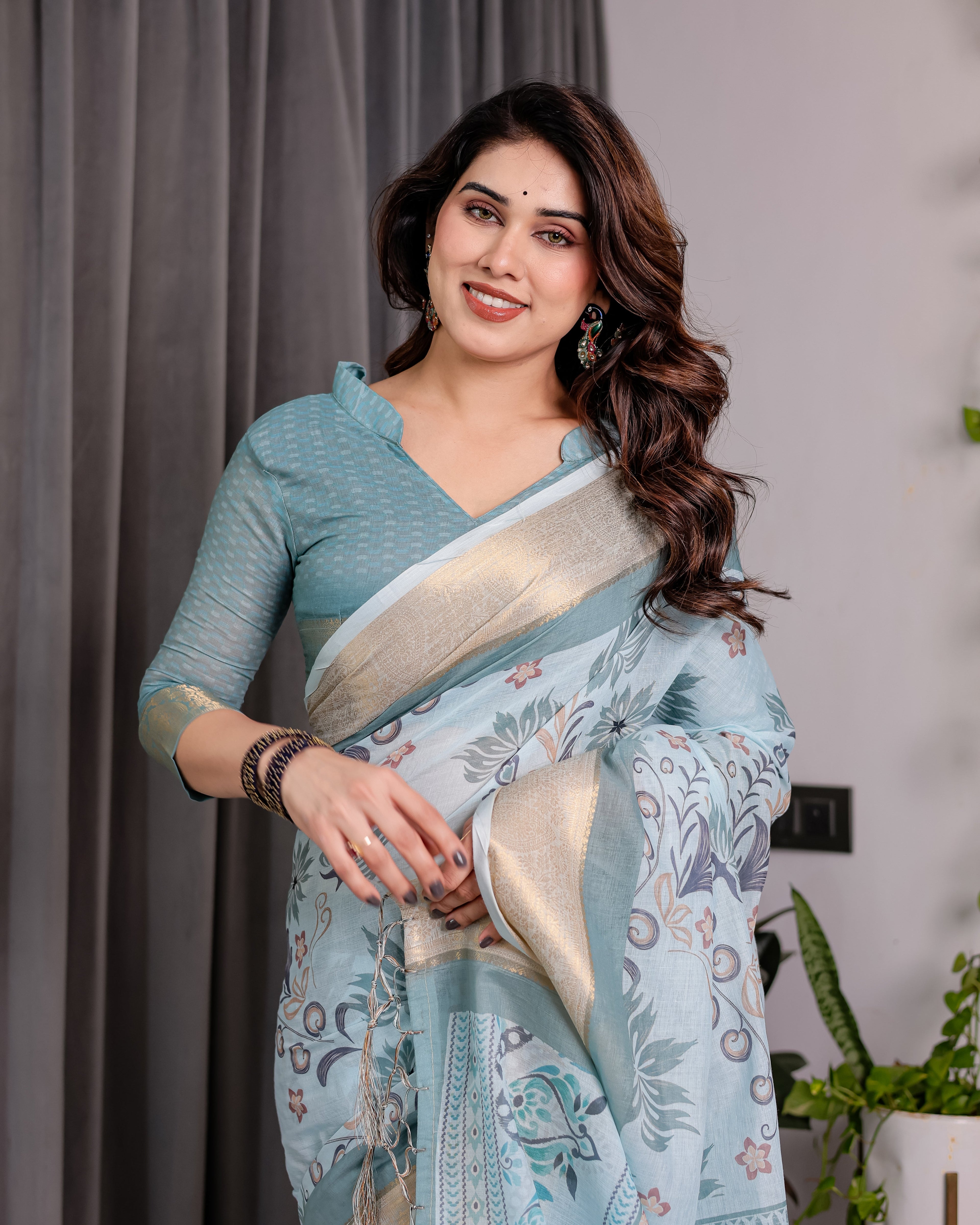 Pastel Aqua Blue Handloom Linen Saree with Peacock & Floral Digital Print, Zari Border & Tassel Pallu | 5.5m Saree + 0.8m Blouse