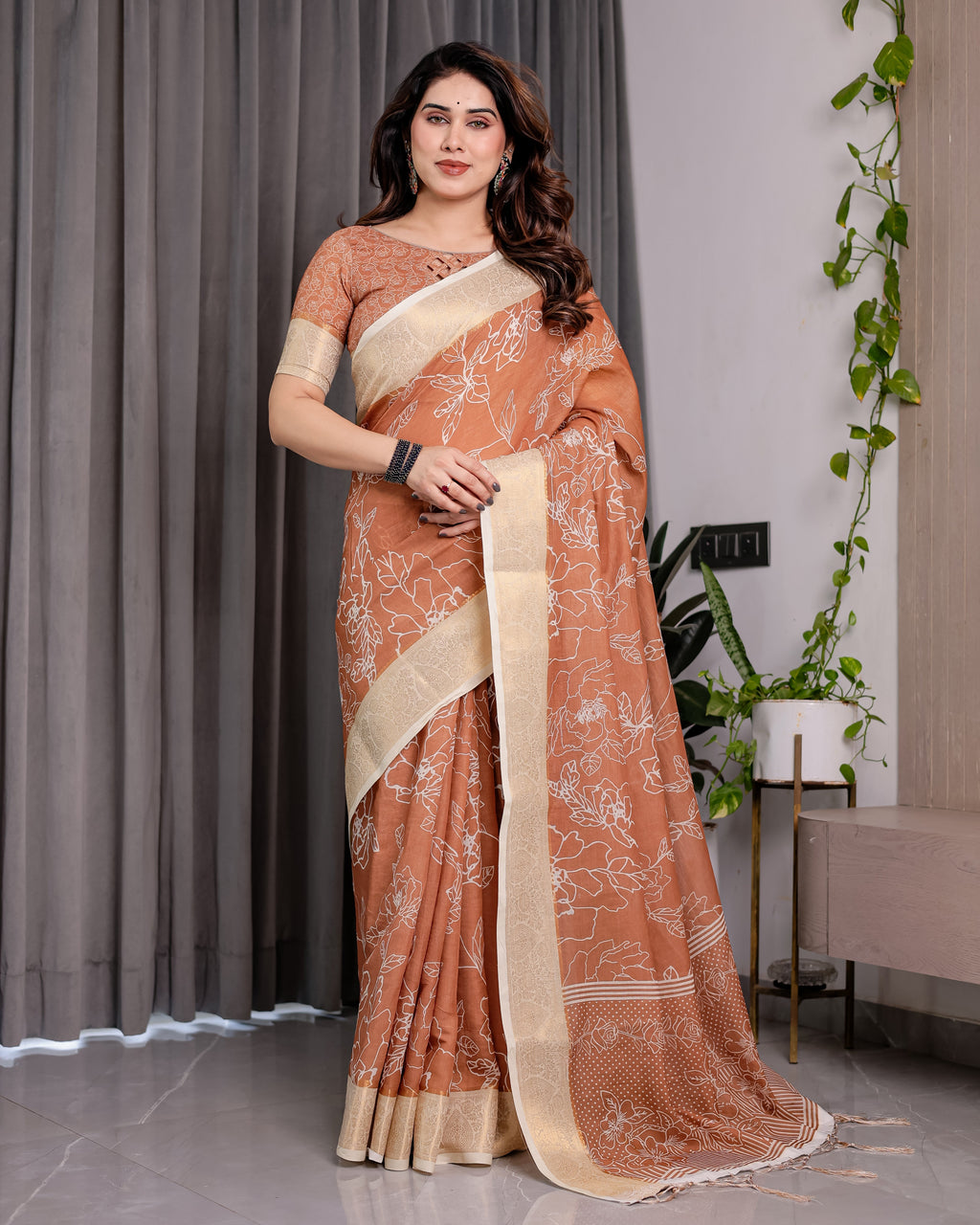 Rust Brown Handloom Linen Saree with White Floral Print, Zari Border & Tassel Pallu | 5.5m Saree + 0.8m Blouse