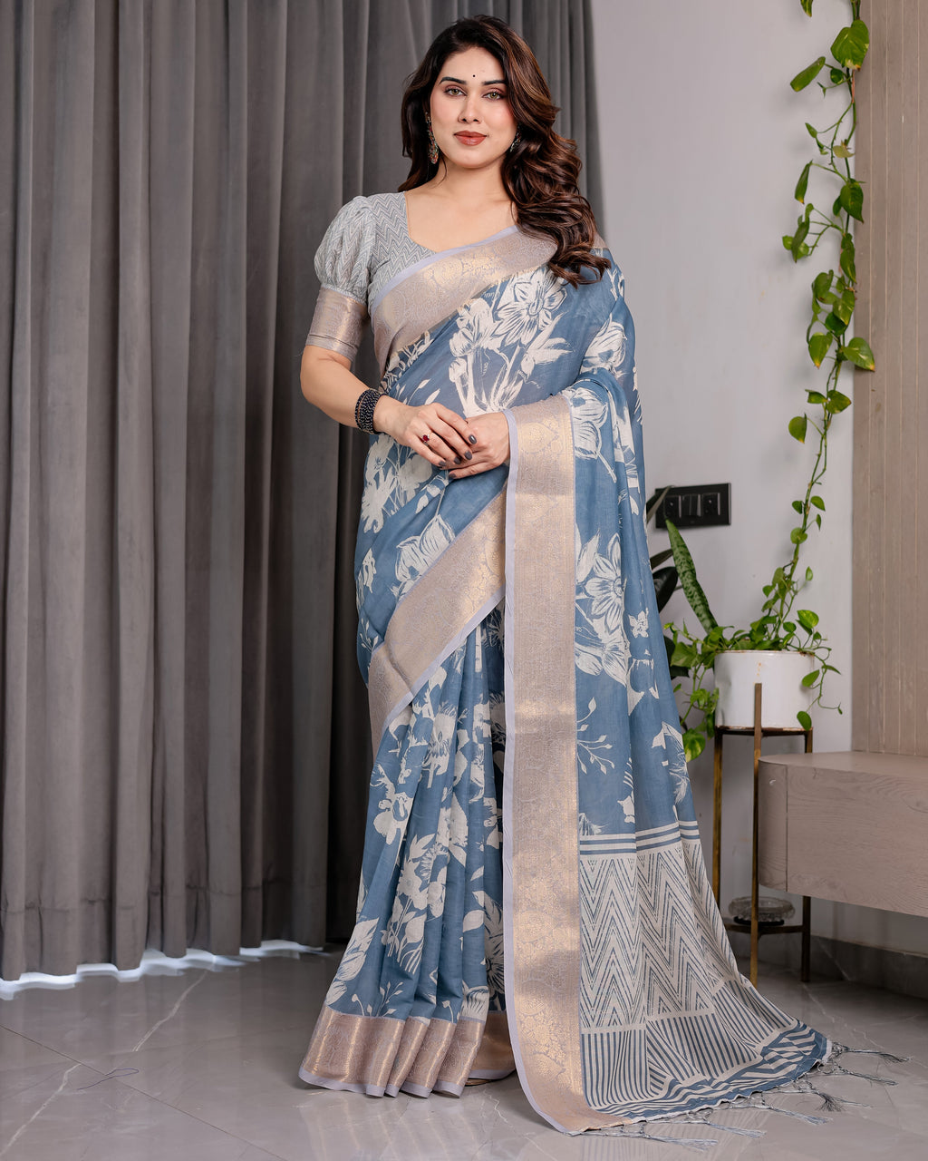 Slate Blue Handloom Linen Saree with Ivory Floral Print & Zigzag Pallu | Zari Border | 5.5m Saree + 0.8m Blouse