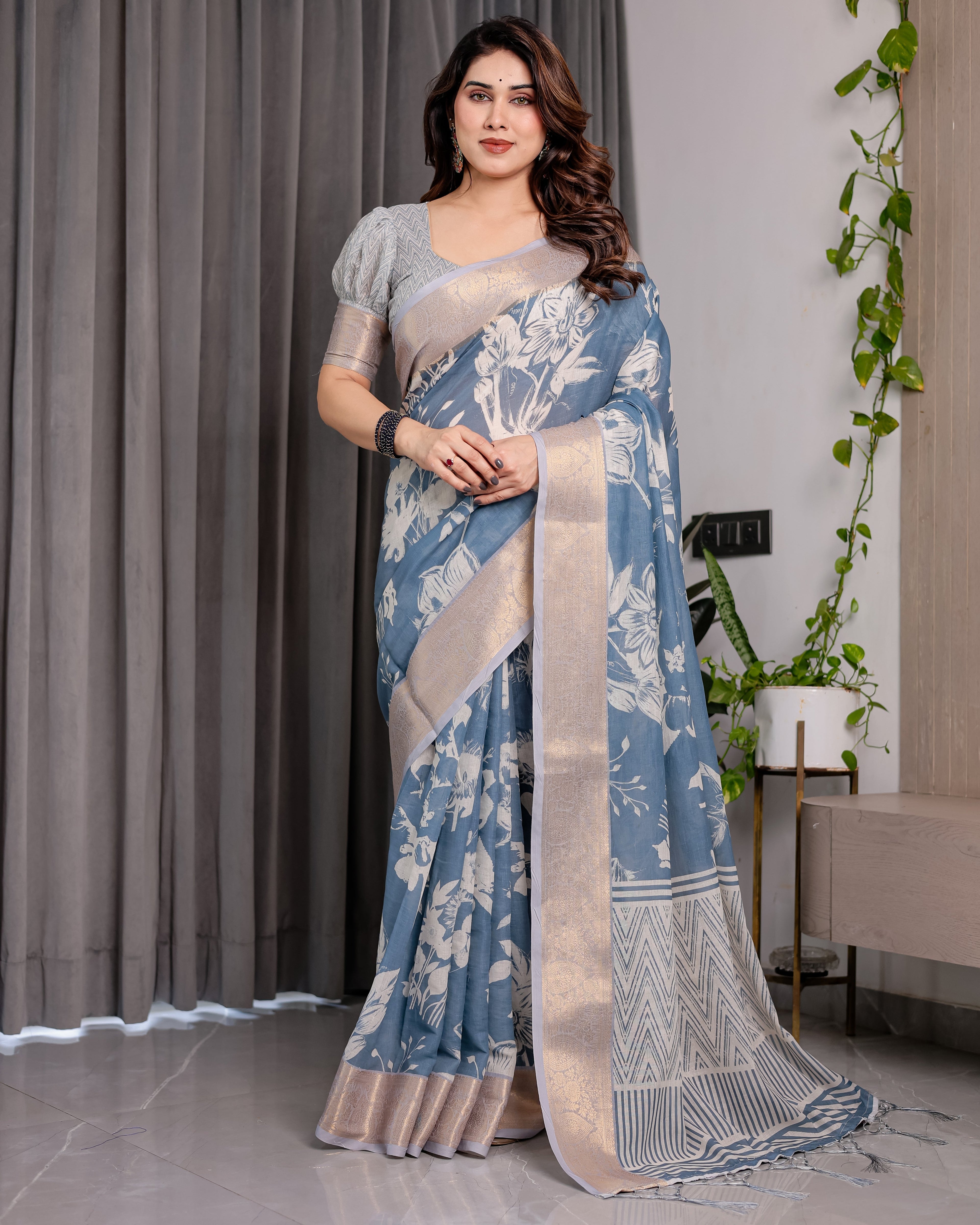 Slate Blue Handloom Linen Saree with Ivory Floral Print & Zigzag Pallu | Zari Border | 5.5m Saree + 0.8m Blouse