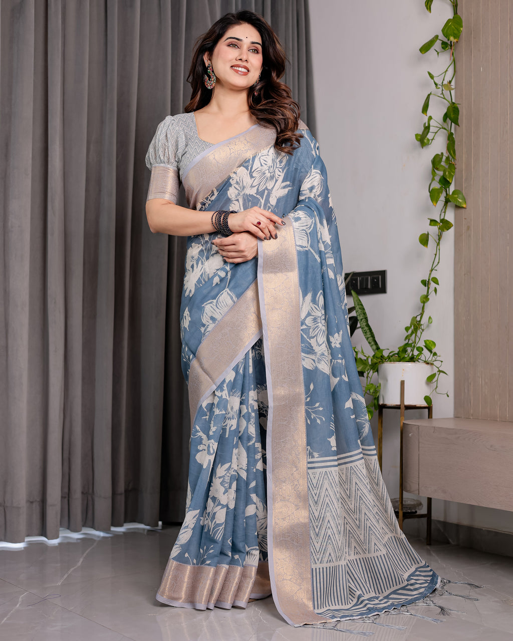 Slate Blue Handloom Linen Saree with Ivory Floral Print & Zigzag Pallu | Zari Border | 5.5m Saree + 0.8m Blouse