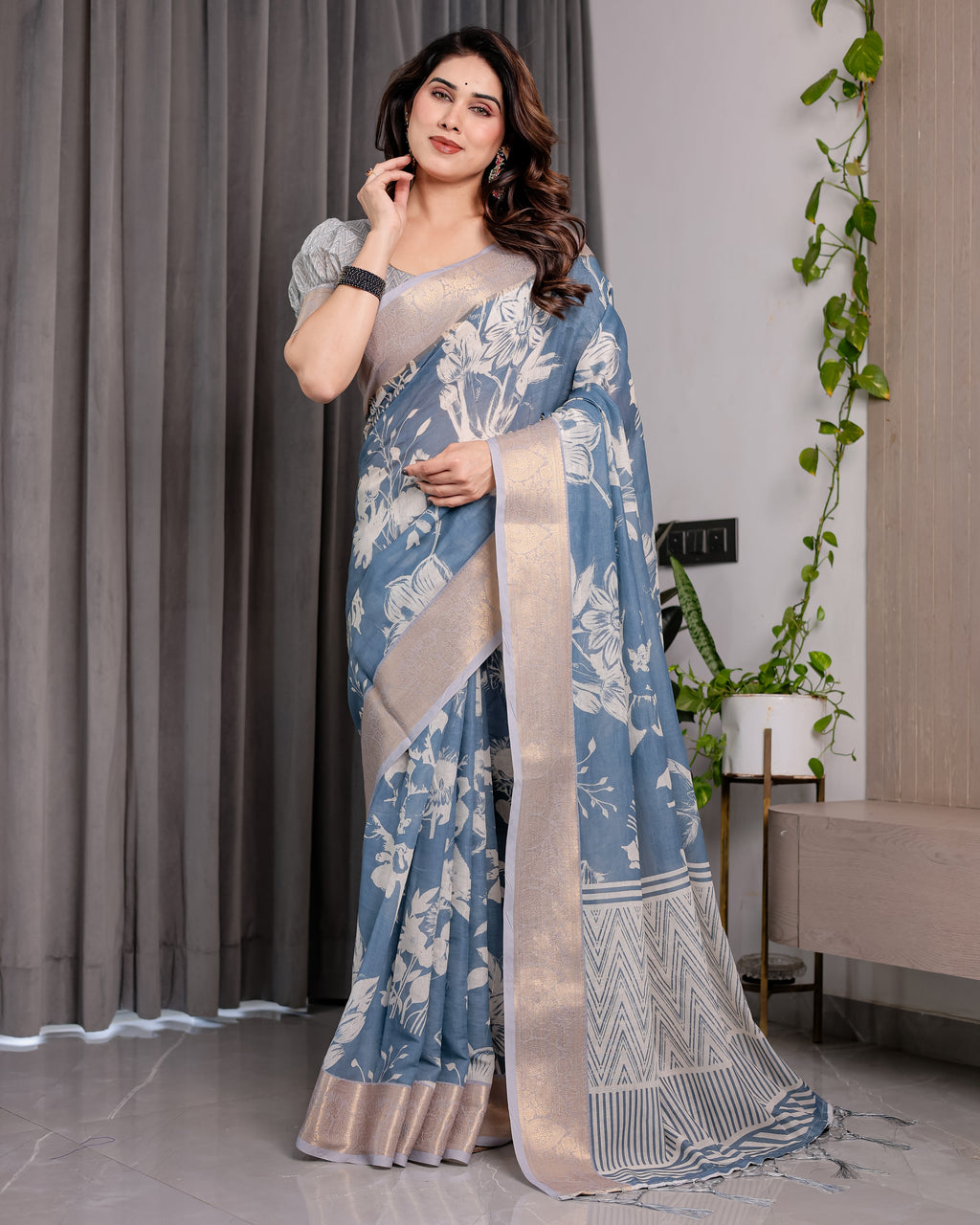 Slate Blue Handloom Linen Saree with Ivory Floral Print & Zigzag Pallu | Zari Border | 5.5m Saree + 0.8m Blouse