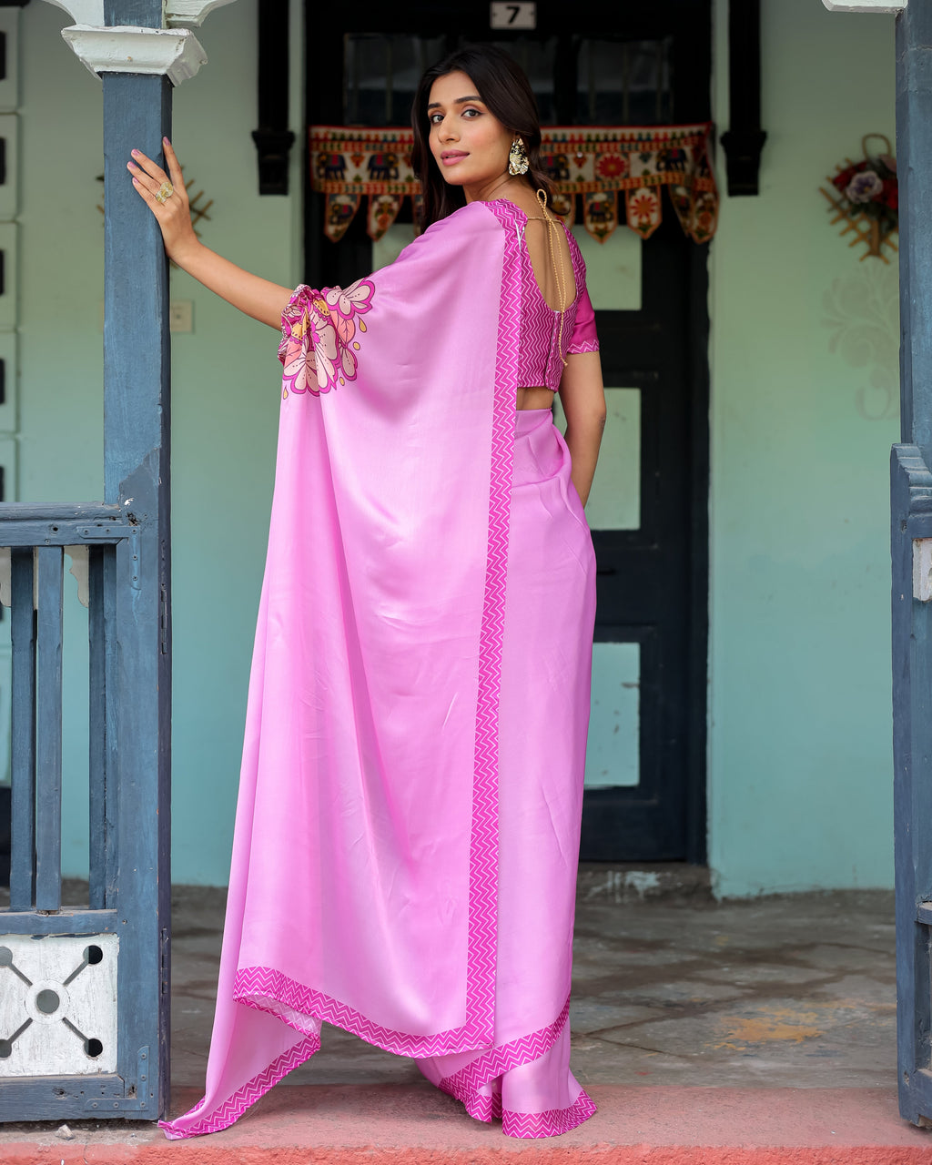 Pastel Pink Designer Freehand Saree with Floral Pallu & Zigzag Blouse | Satin Georgette | Handsfree Draping Feature