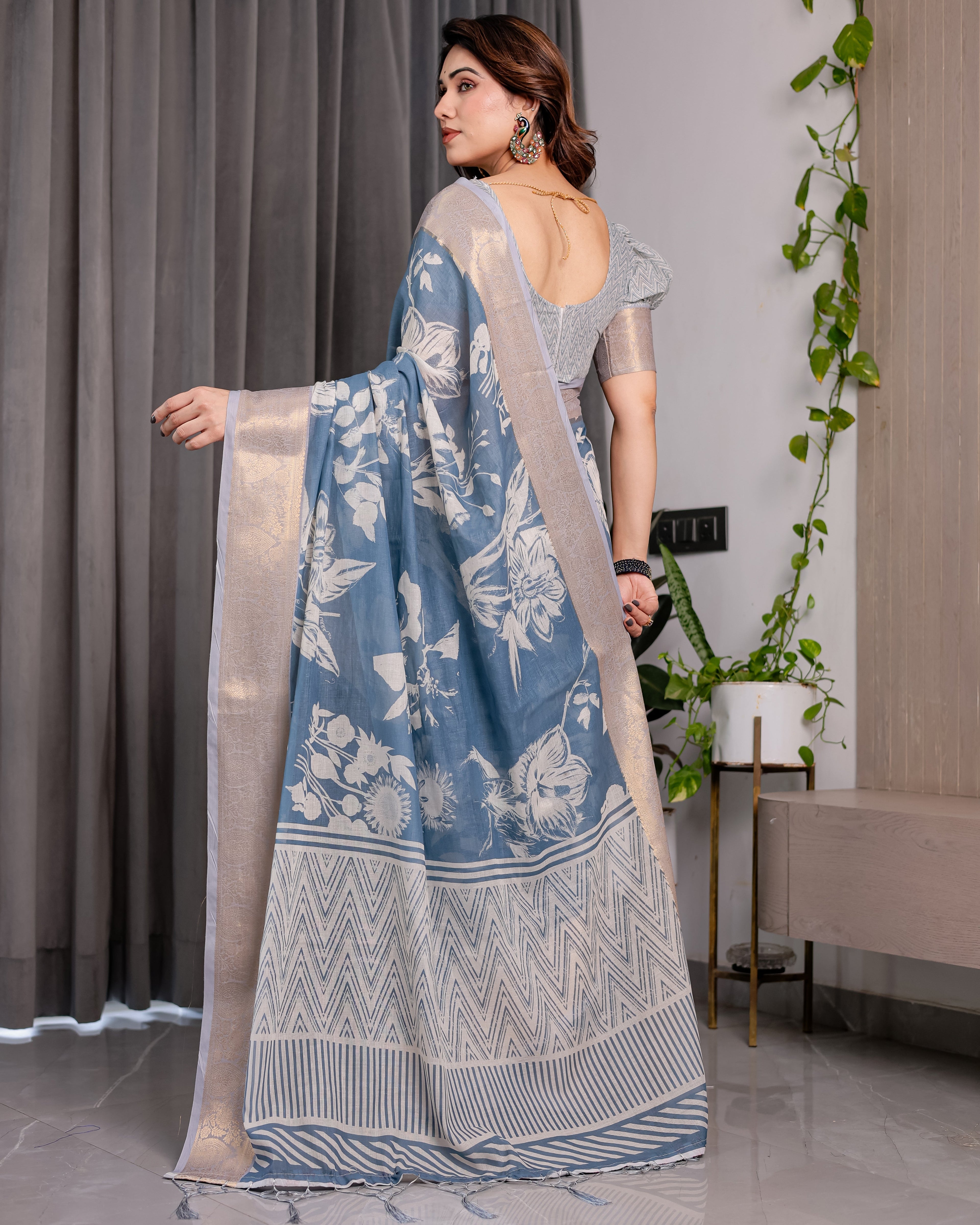 Slate Blue Handloom Linen Saree with Ivory Floral Print & Zigzag Pallu | Zari Border | 5.5m Saree + 0.8m Blouse