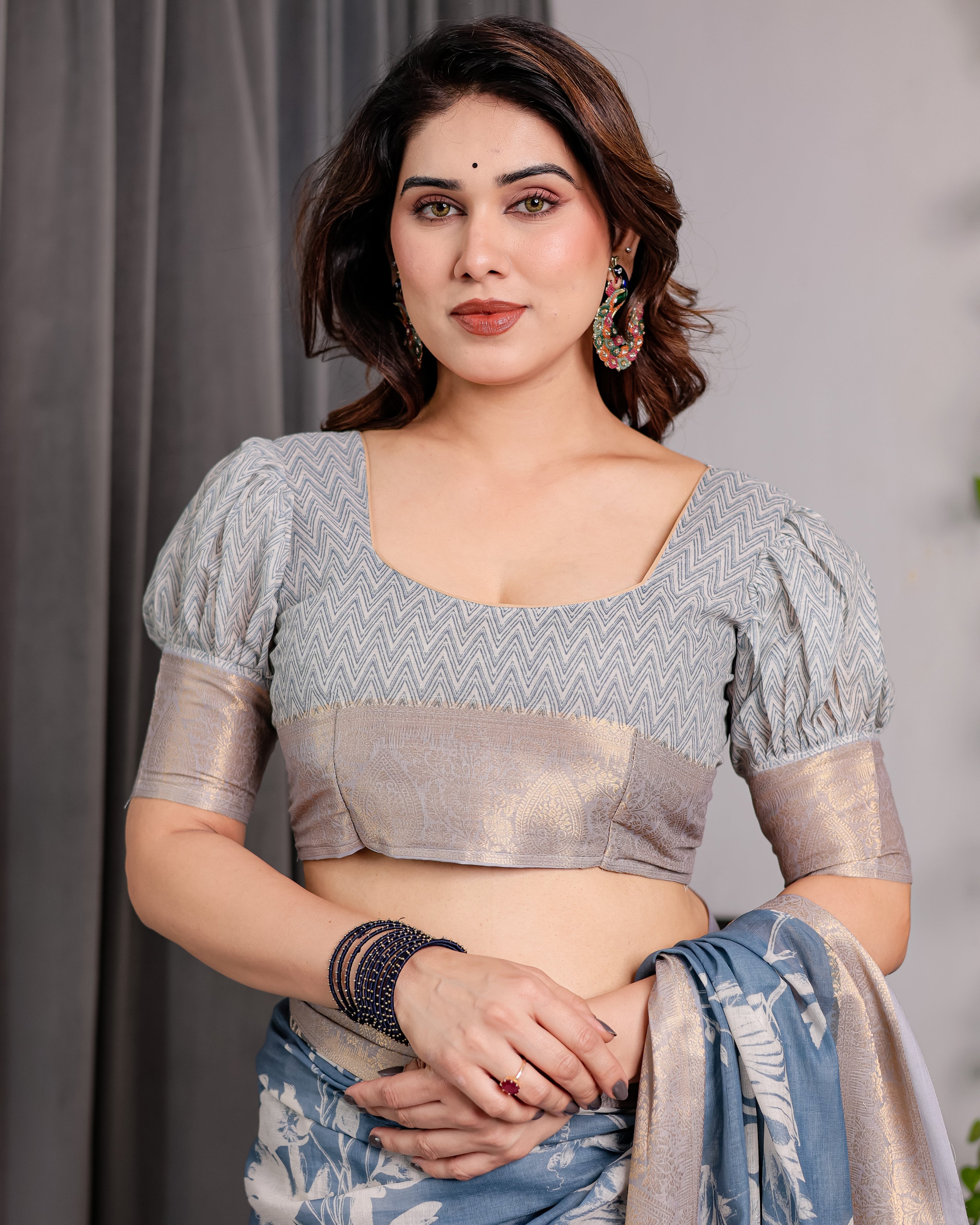 Slate Blue Handloom Linen Saree with Ivory Floral Print & Zigzag Pallu | Zari Border | 5.5m Saree + 0.8m Blouse