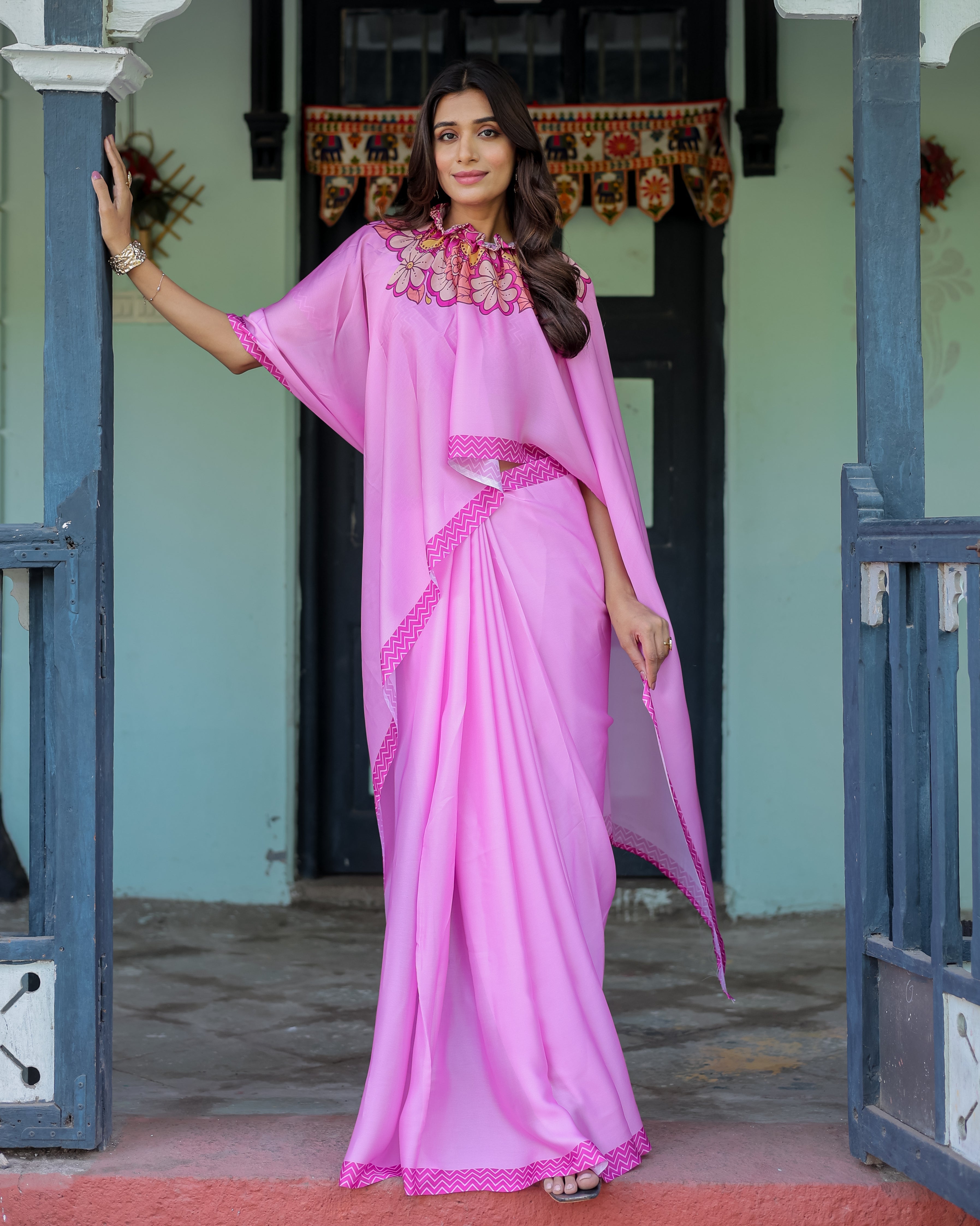 Pastel Pink Designer Freehand Saree with Floral Pallu & Zigzag Blouse | Satin Georgette | Handsfree Draping Feature