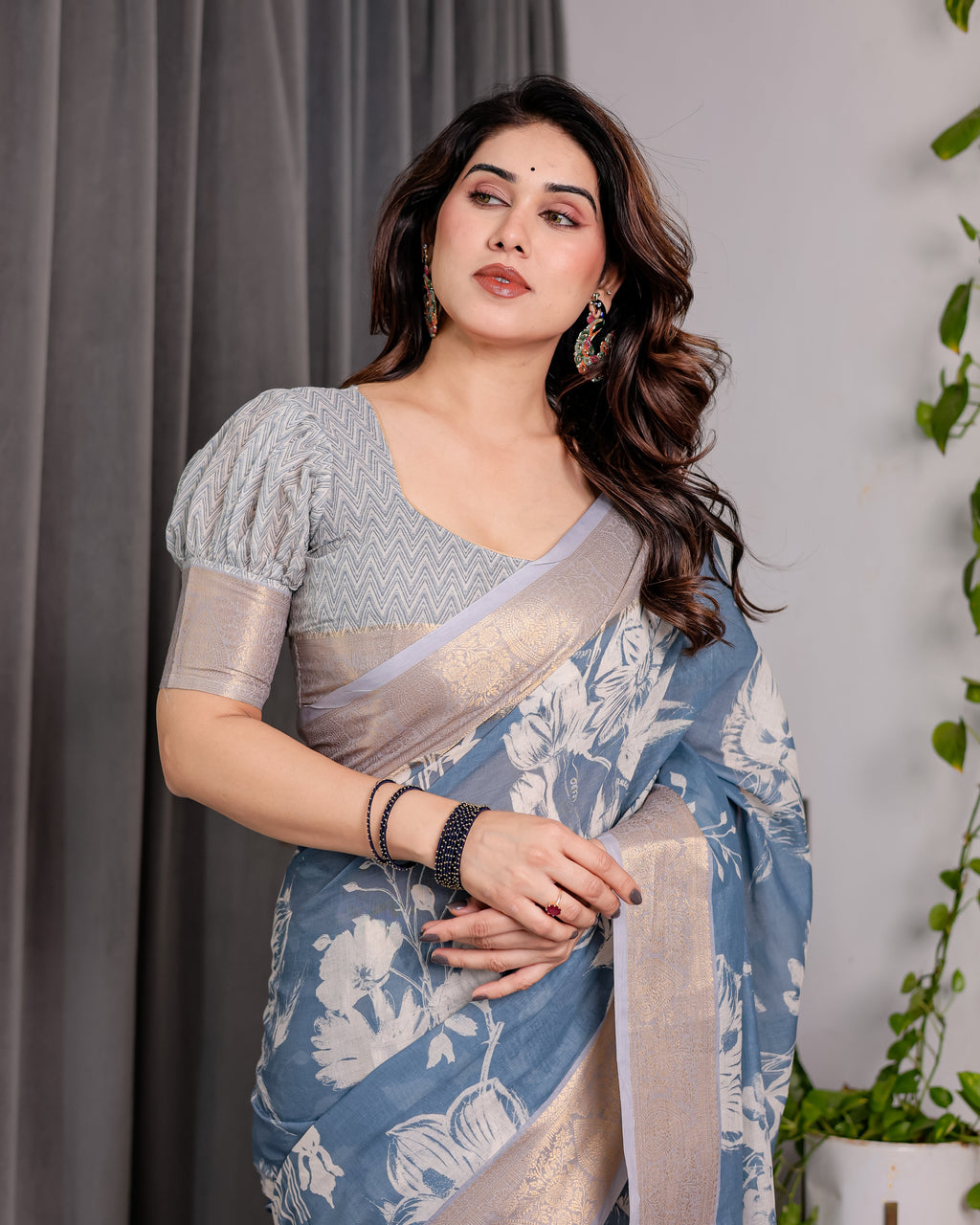 Slate Blue Handloom Linen Saree with Ivory Floral Print & Zigzag Pallu | Zari Border | 5.5m Saree + 0.8m Blouse