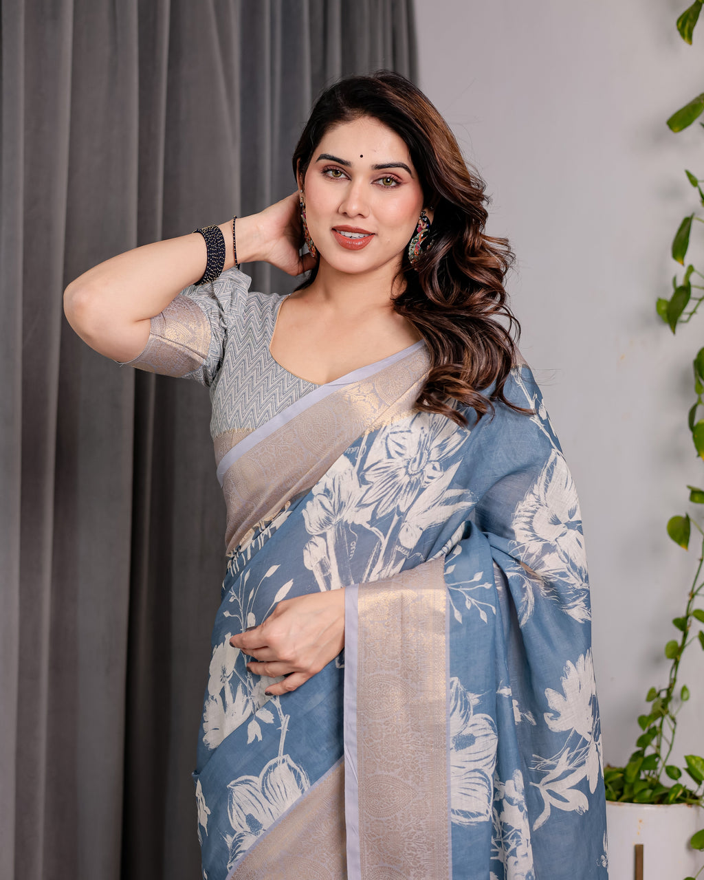 Slate Blue Handloom Linen Saree with Ivory Floral Print & Zigzag Pallu | Zari Border | 5.5m Saree + 0.8m Blouse