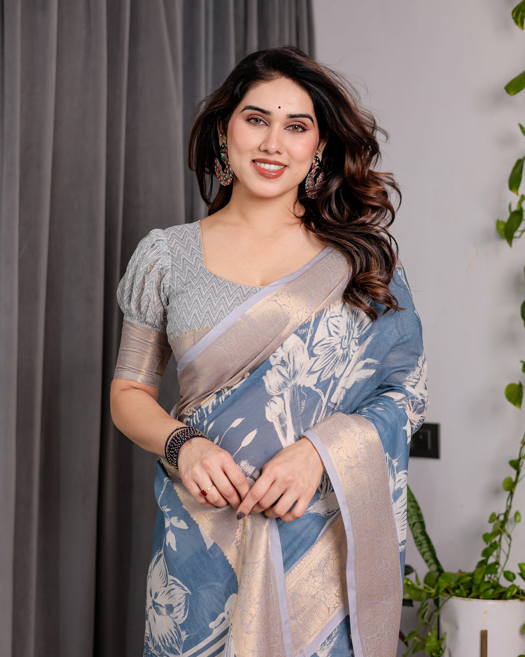Slate Blue Handloom Linen Saree with Ivory Floral Print & Zigzag Pallu | Zari Border | 5.5m Saree + 0.8m Blouse
