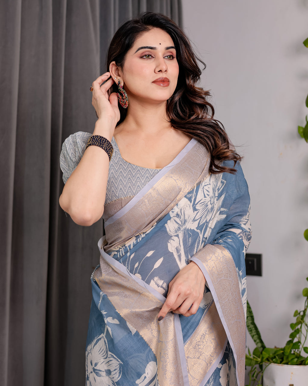 Slate Blue Handloom Linen Saree with Ivory Floral Print & Zigzag Pallu | Zari Border | 5.5m Saree + 0.8m Blouse