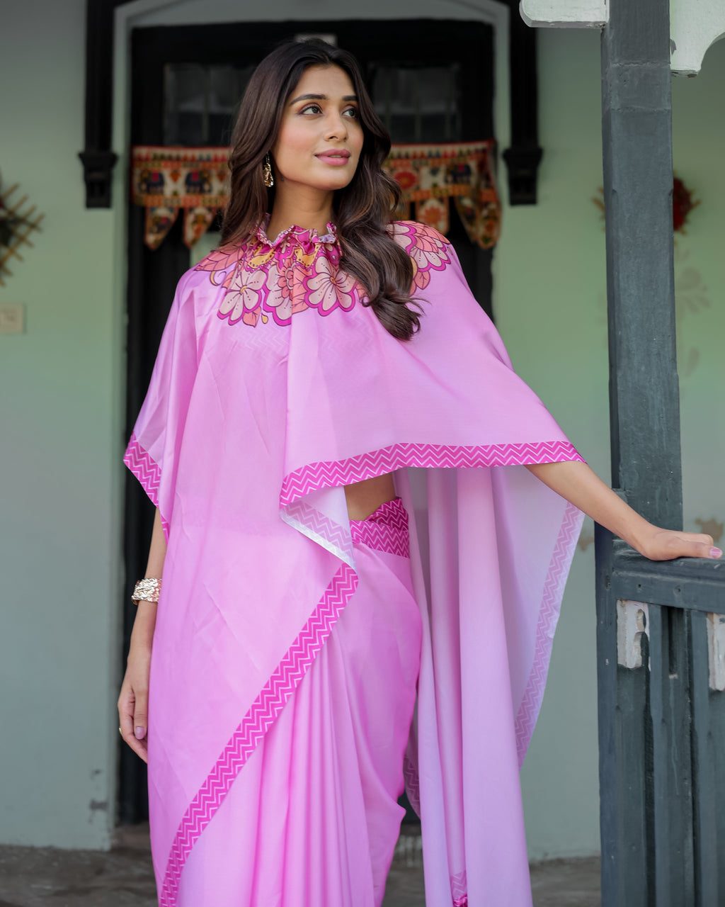 Pastel Pink Designer Freehand Saree with Floral Pallu & Zigzag Blouse | Satin Georgette | Handsfree Draping Feature