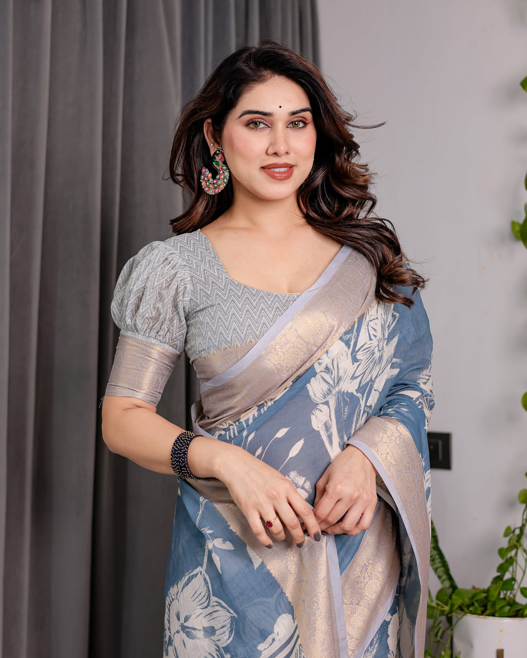 Slate Blue Handloom Linen Saree with Ivory Floral Print & Zigzag Pallu | Zari Border | 5.5m Saree + 0.8m Blouse