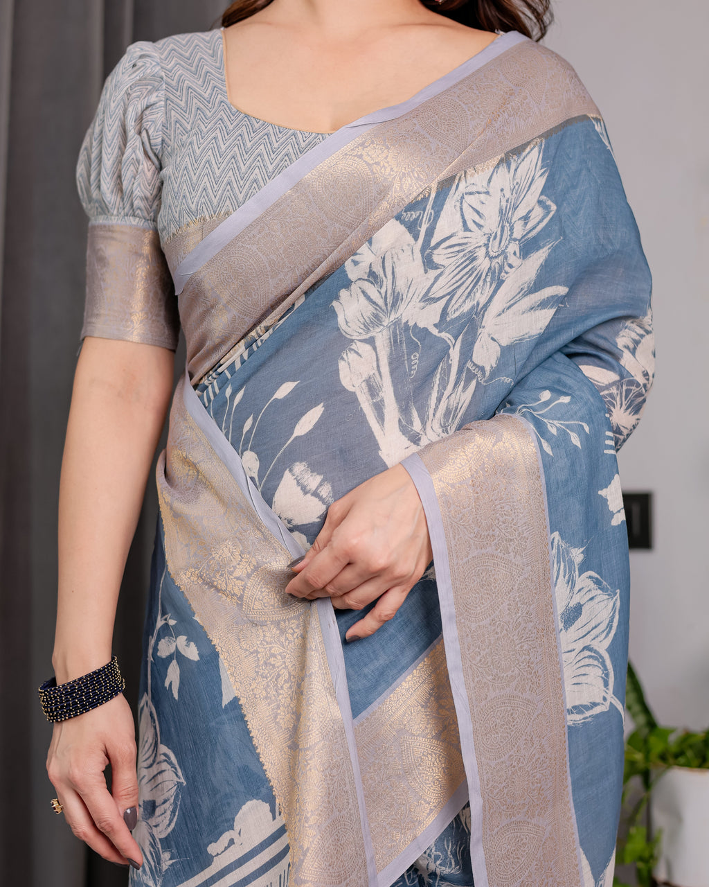 Slate Blue Handloom Linen Saree with Ivory Floral Print & Zigzag Pallu | Zari Border | 5.5m Saree + 0.8m Blouse